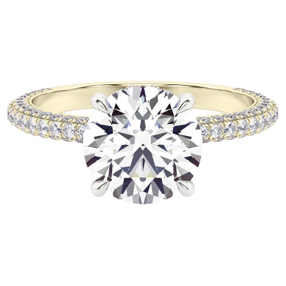 3 Carat Round Diamond Engagement Ring with Custom 3-Sided Pave Setting