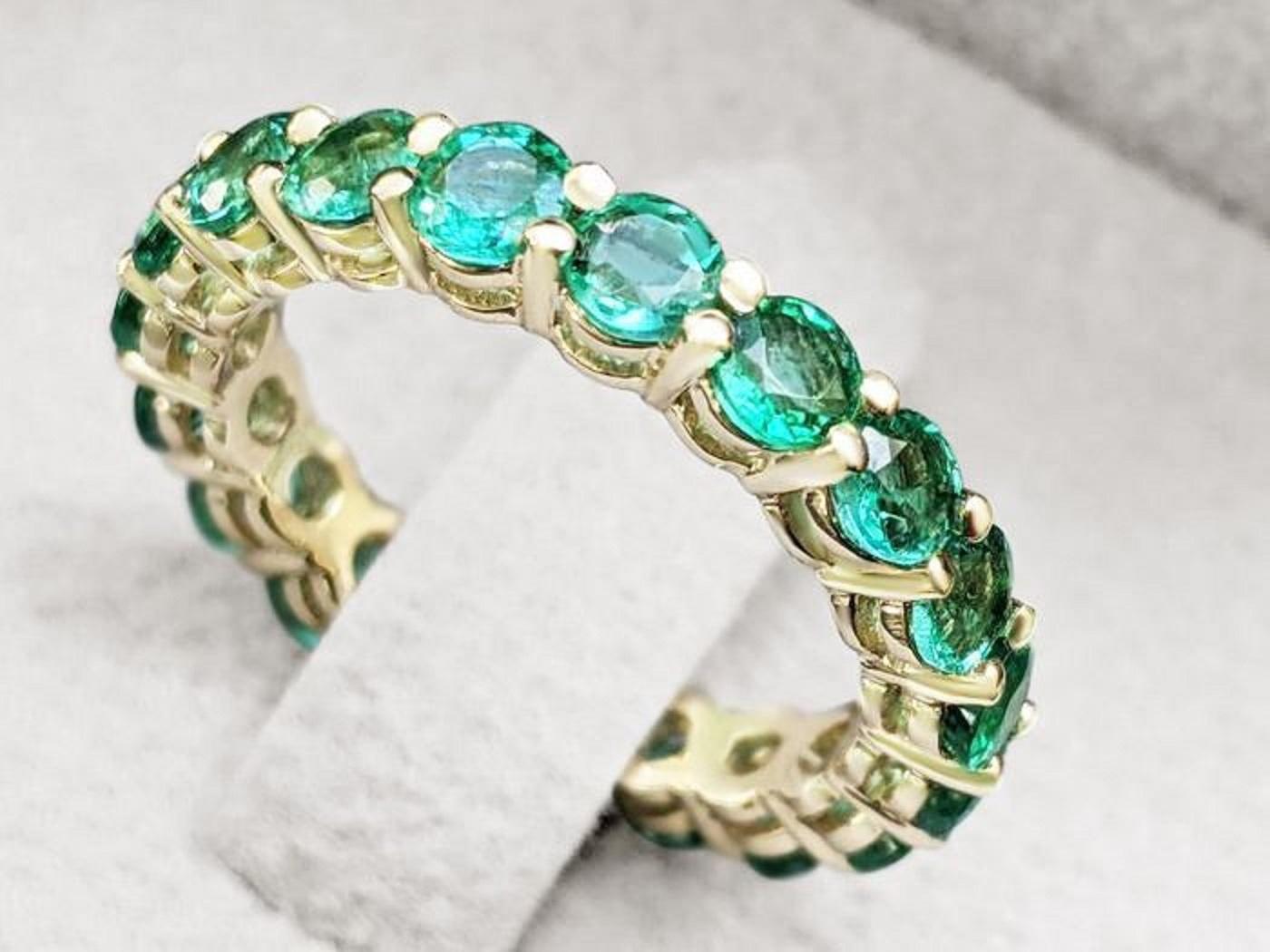 Round Cut 3 Carat Round Emerald Ring, 14 Karat Yellow Gold Eternity Ring