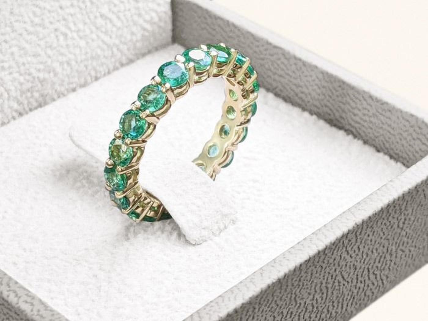Women's 3 Carat Round Emerald Ring, 14 Karat Yellow Gold Eternity Ring