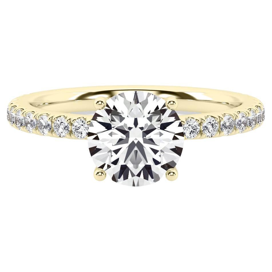 Bague de fiançailles en or jaune 14 carats avec diamant rond de 3 carats et sertissage délicat en pavé