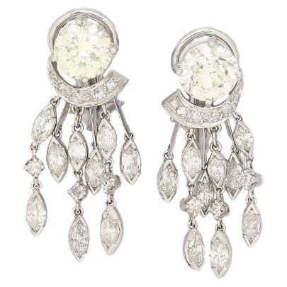 3 Carat Round & Marquise Cut Natural Diamond Chandelier Drop Earrings For Sale