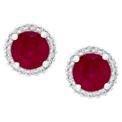 3 Carat Round Ruby and Diamond Stud Earrings 14 Karat White Gold, Post Back