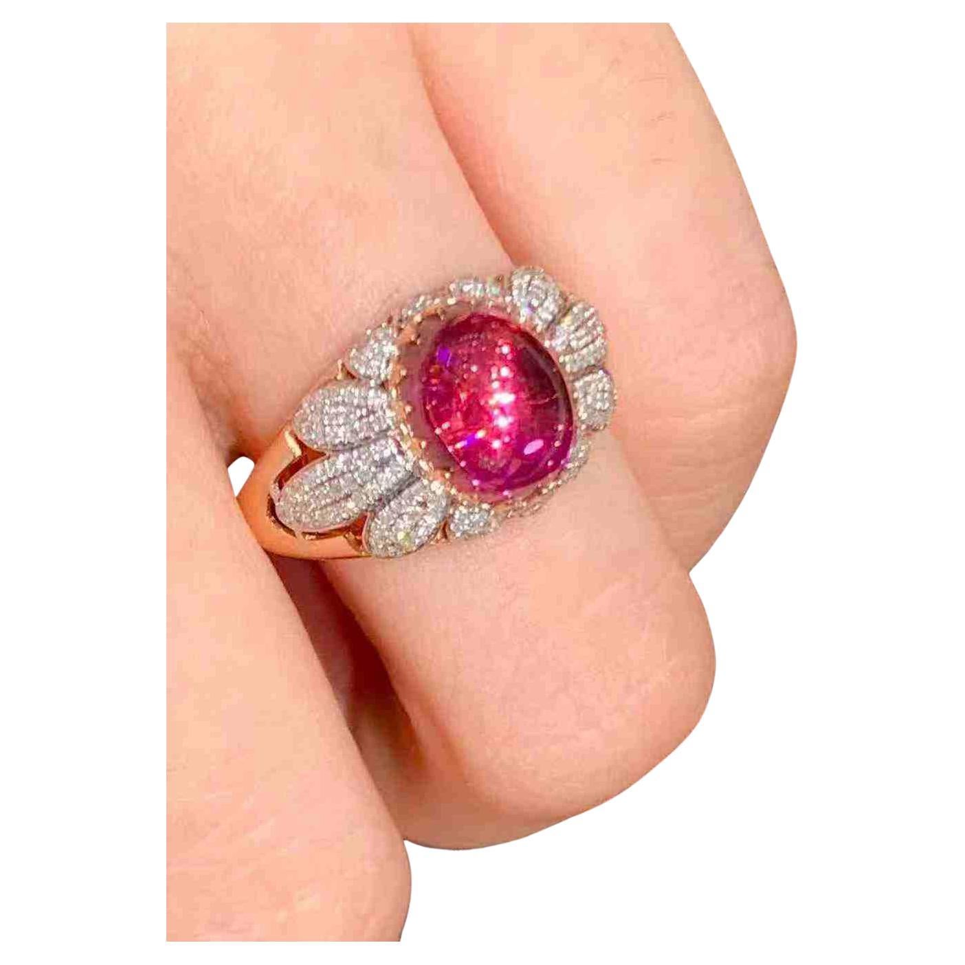 3 Carat Rubellite Tourmaline Diamond Dome Ring in 18K Gold For Sale