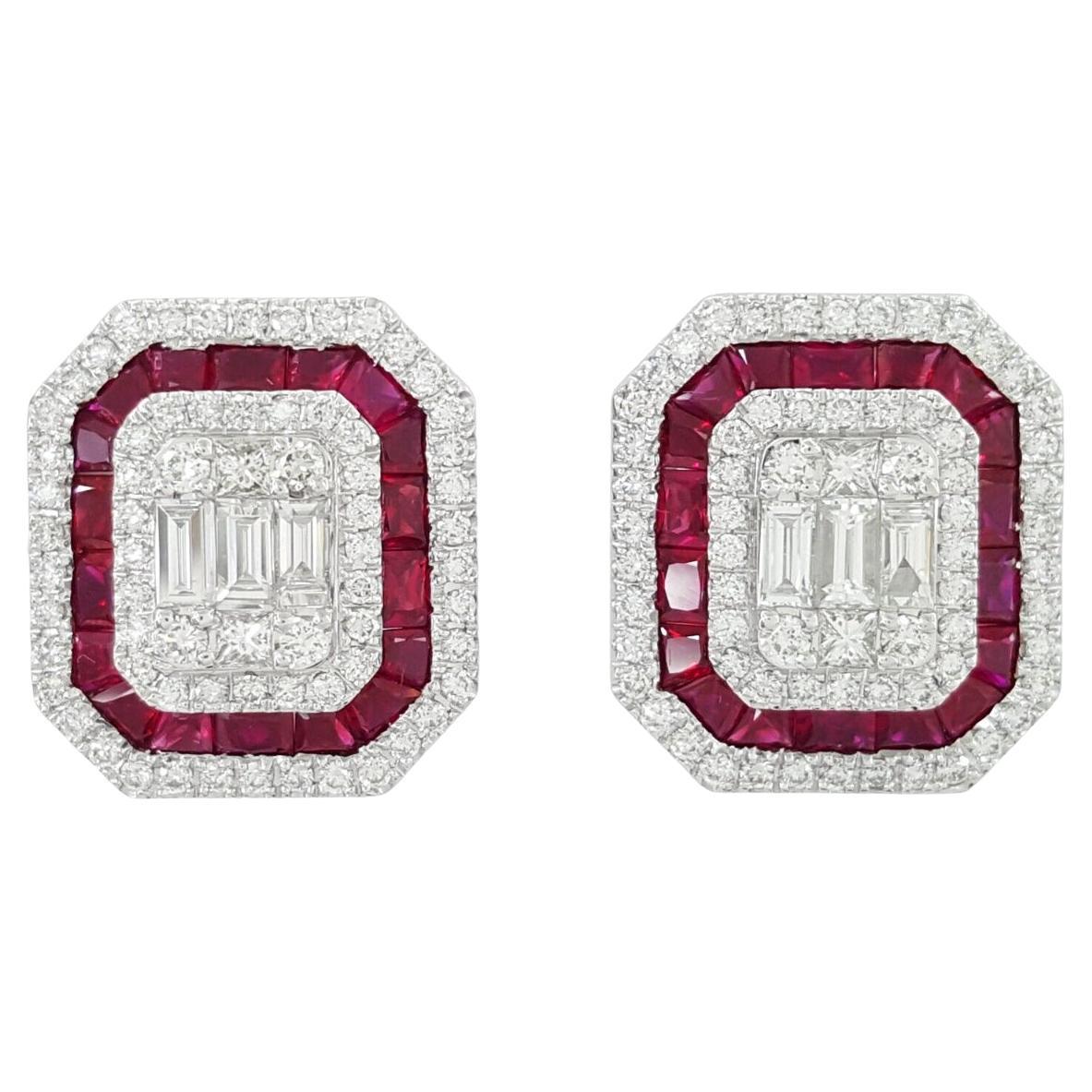 3 Carat Rubies and Diamond Stud Earrings For Sale