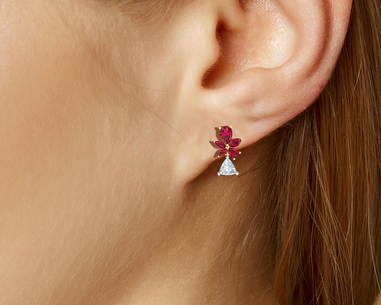 Trillion Cut 3 Carat Ruby and Diamond Drop Earrings For Sale