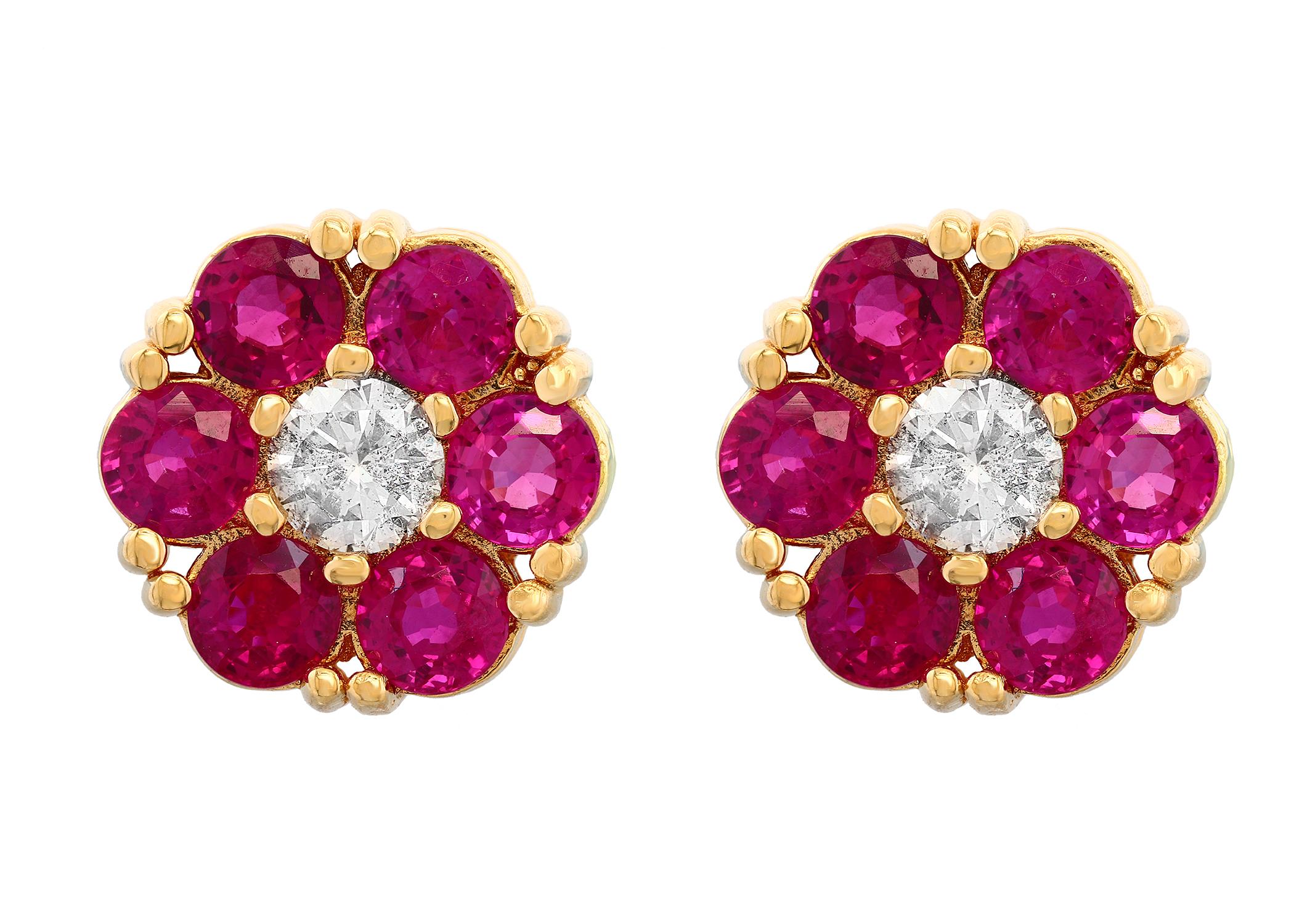 3 Carat Ruby & Diamond Floral Cluster Flower Stud Earrings 14 Karat Yellow Gold For Sale 4