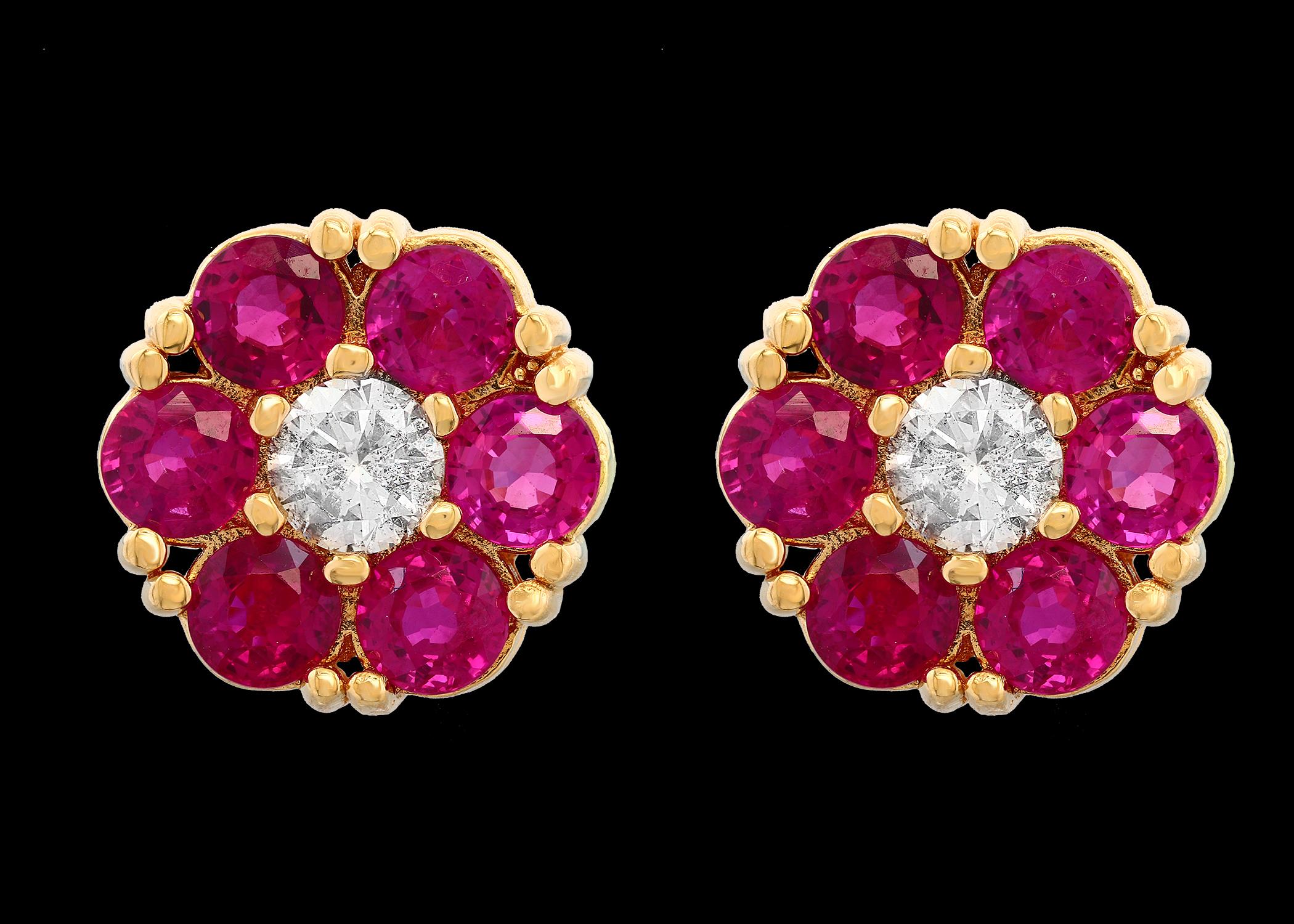 A sweet, shimmery style for any day of the week. These stud earrings blossom floral clusters of  3 ct. t.w. round brilliant-cut natural rubies . Set in 14kt Yellow gold. Post, Push back diamond floral cluster stud earrings.
It's  a unique and