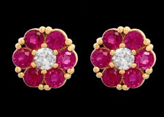 3 Carat Ruby & Diamond Floral Cluster Flower Stud Earrings 14 Karat Yellow Gold