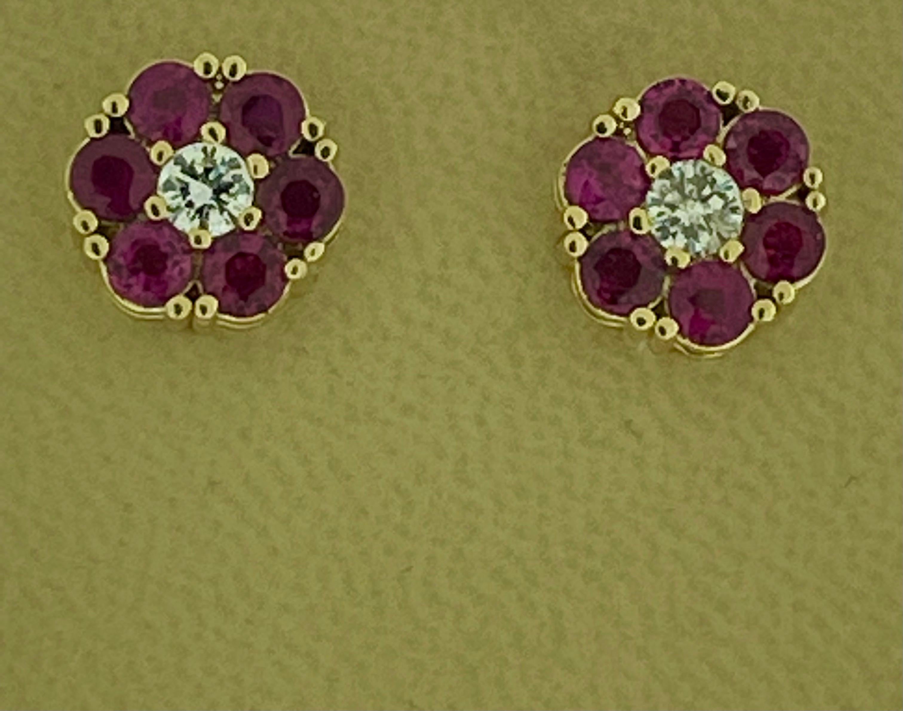 Round Cut 3 Carat Ruby & Diamond Floral Cluster Flower Stud Earrings 14 Karat Yellow Gold For Sale