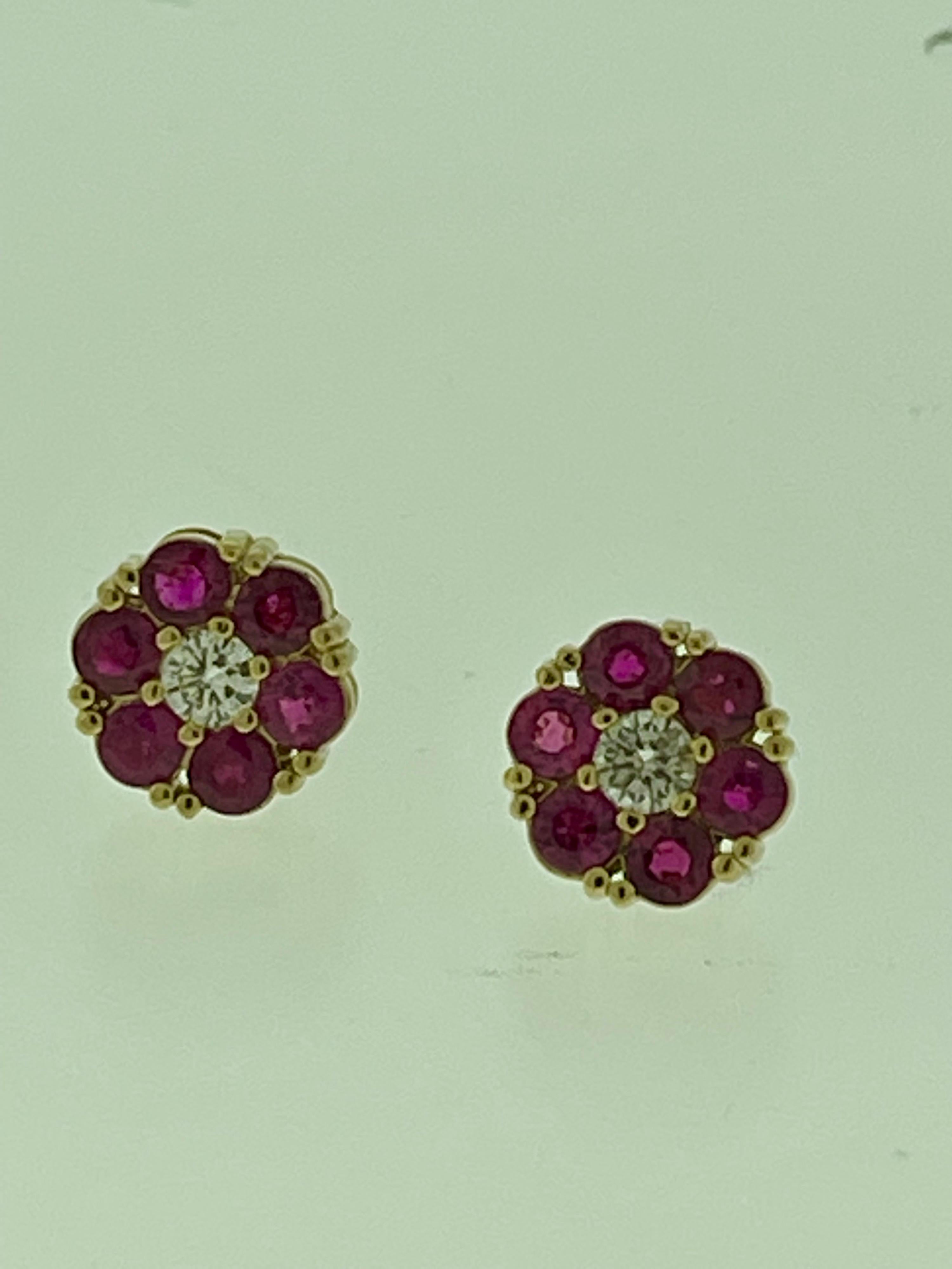 3 Carat Ruby & Diamond Floral Cluster Flower Stud Earrings 14 Karat Yellow Gold In Excellent Condition For Sale In New York, NY