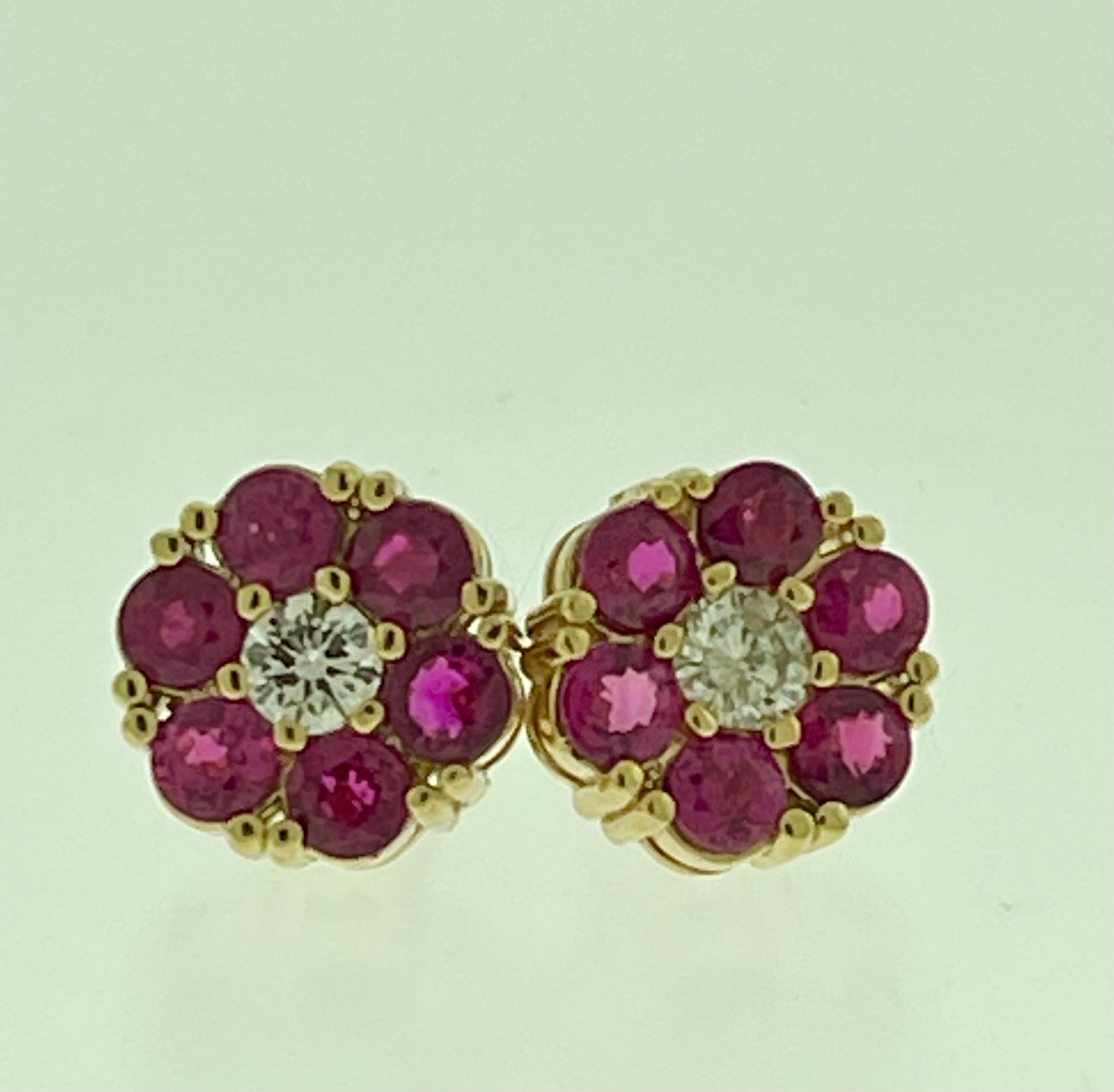 3 Carat Ruby & Diamond Floral Cluster Flower Stud Earrings 14 Karat Yellow Gold For Sale 1
