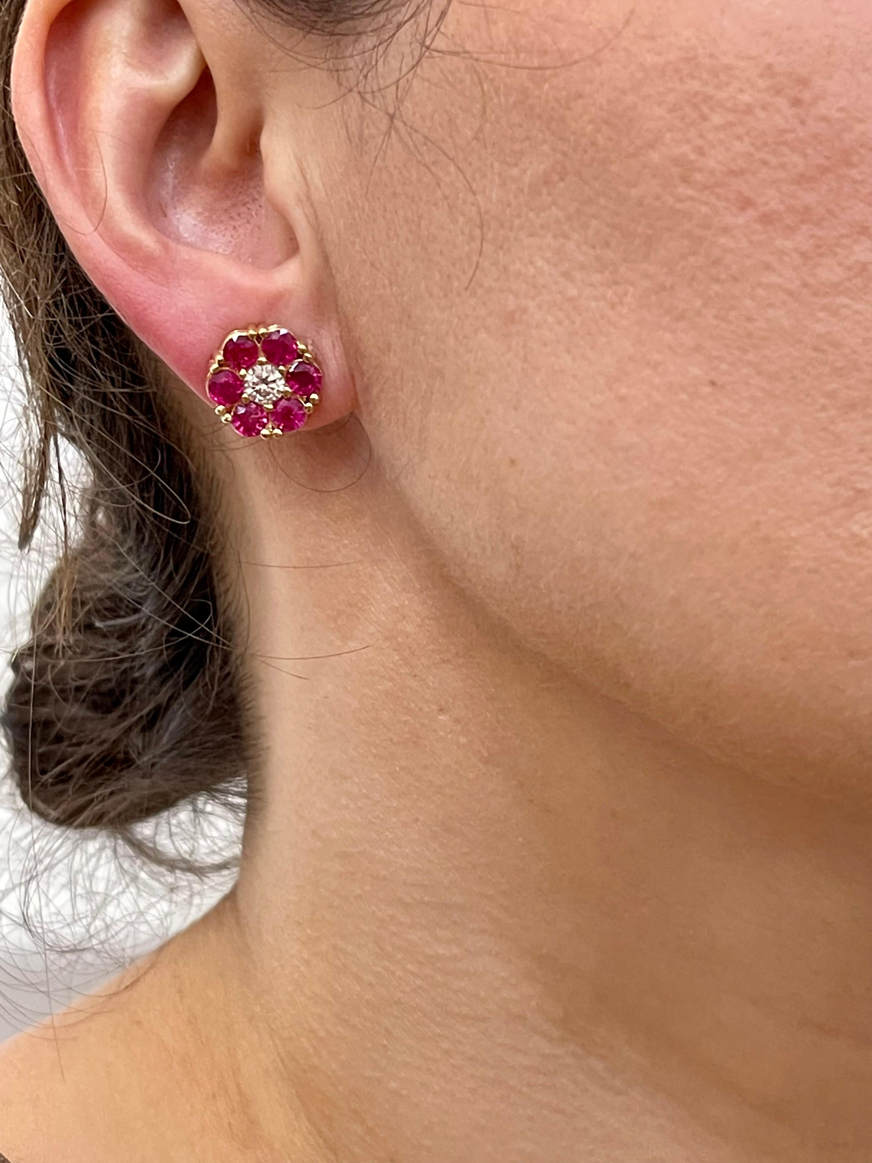 3 Carat Ruby & Diamond Floral Cluster Flower Stud Earrings 14 Karat Yellow Gold For Sale 2