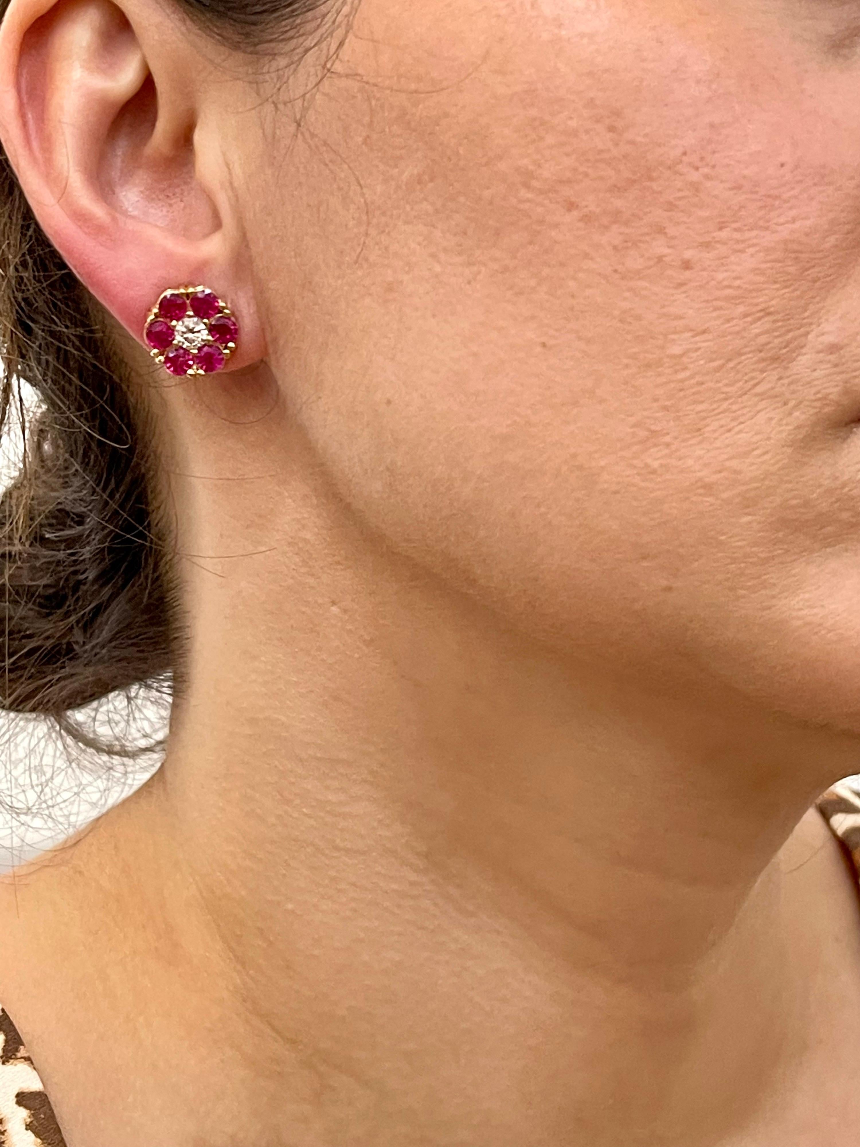 3 Carat Ruby & Diamond Floral Cluster Flower Stud Earrings 14 Karat Yellow Gold For Sale 3
