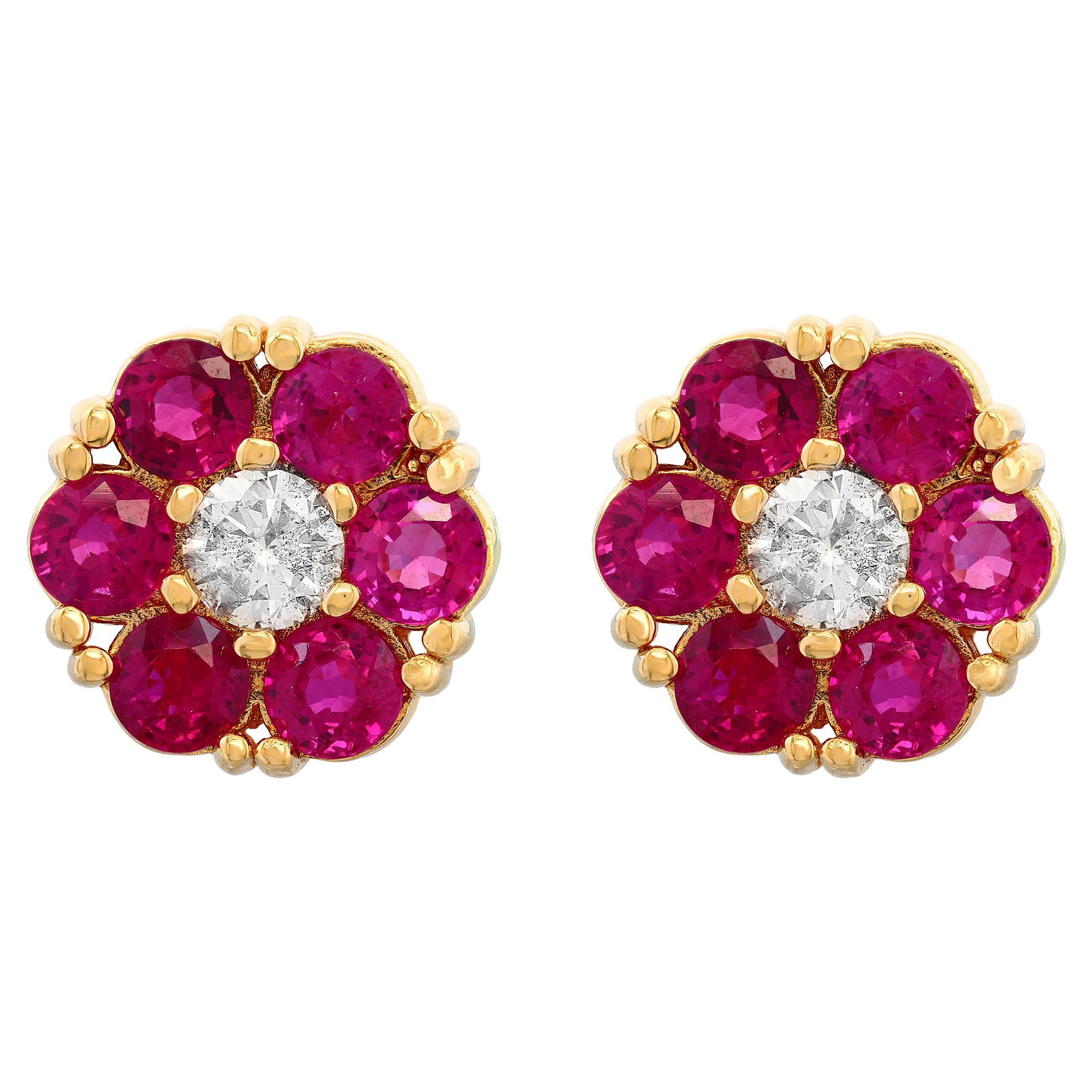 Pendientes de Rubí y Diamante Floral de 3 Quilates Oro Amarillo de 14 Kilates