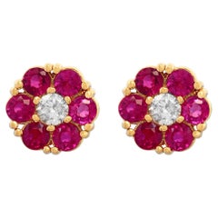 3 Carat Ruby & Diamond Floral Cluster Flower Stud Earrings 14 Karat Yellow Gold
