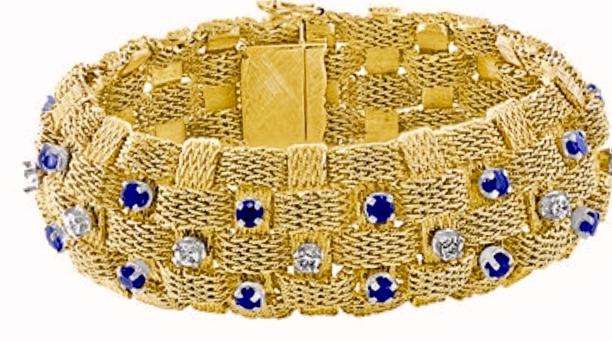 Round Cut 3 Carat Sapphire and 2 Carat Diamond Bracelet in 18 Karat Yellow Gold 116 Gm For Sale