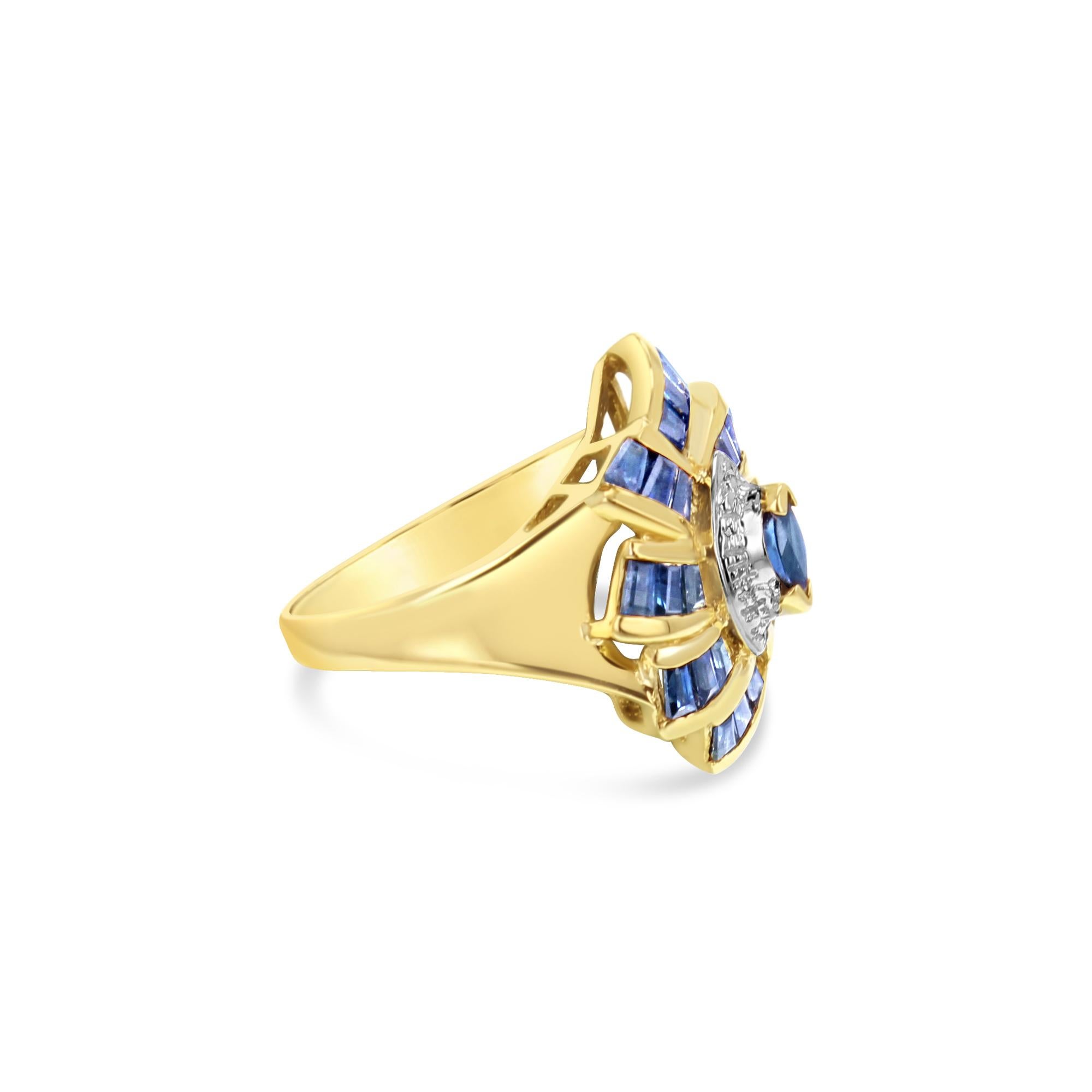 ♥ Product Summary ♥

Main Stone: Sapphire & Diamonds
Approx. Carat Weight: 3.00cttw
Stone Cut: Baguette, Marquise, Round
Band Material:  10k Yellow Gold
Weight: 5 grams
Size: 7.5 
