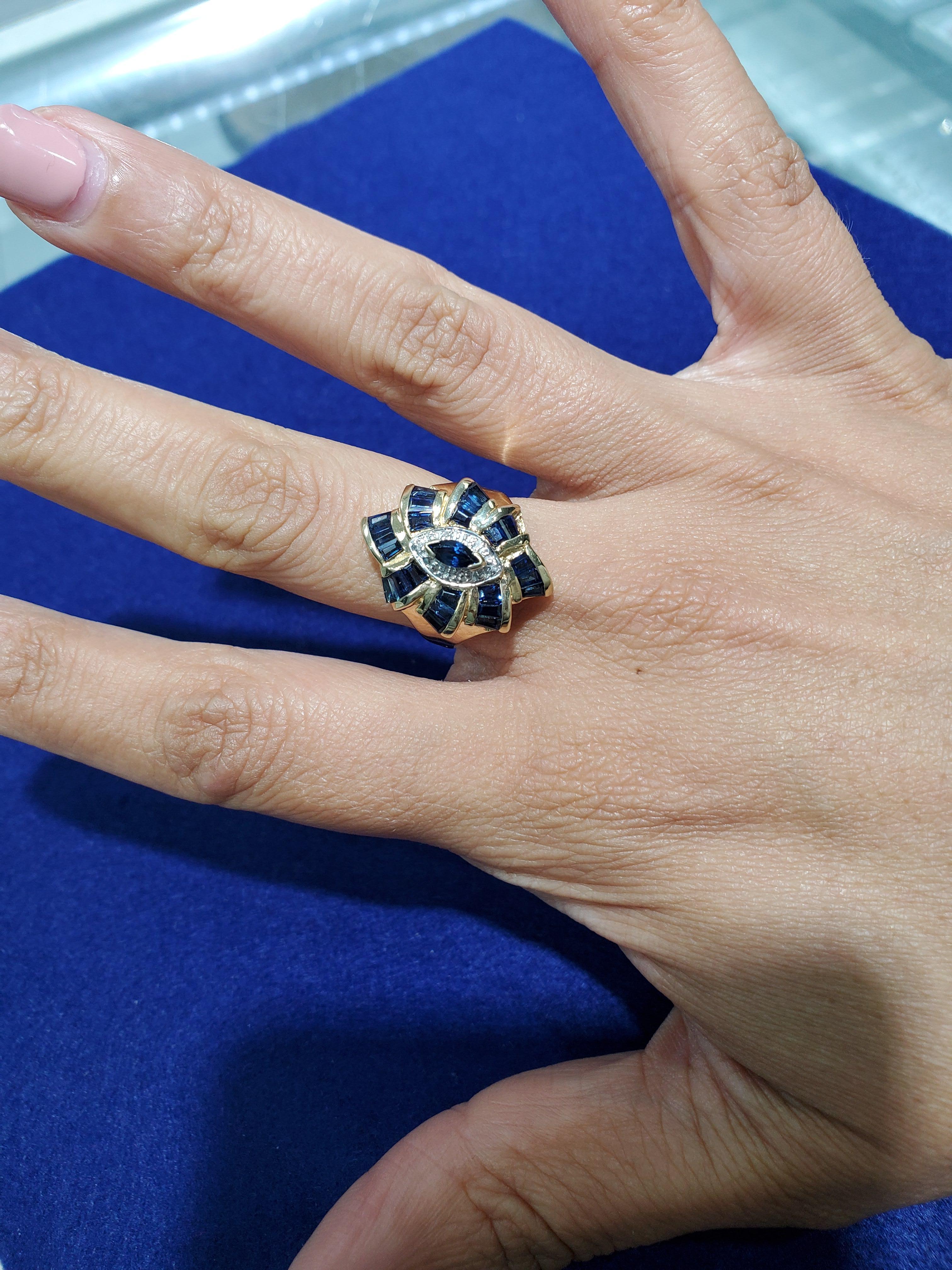 Baguette Cut 3 Carat Sapphire Diamond Cocktail Ring 10k Yellow Gold For Sale