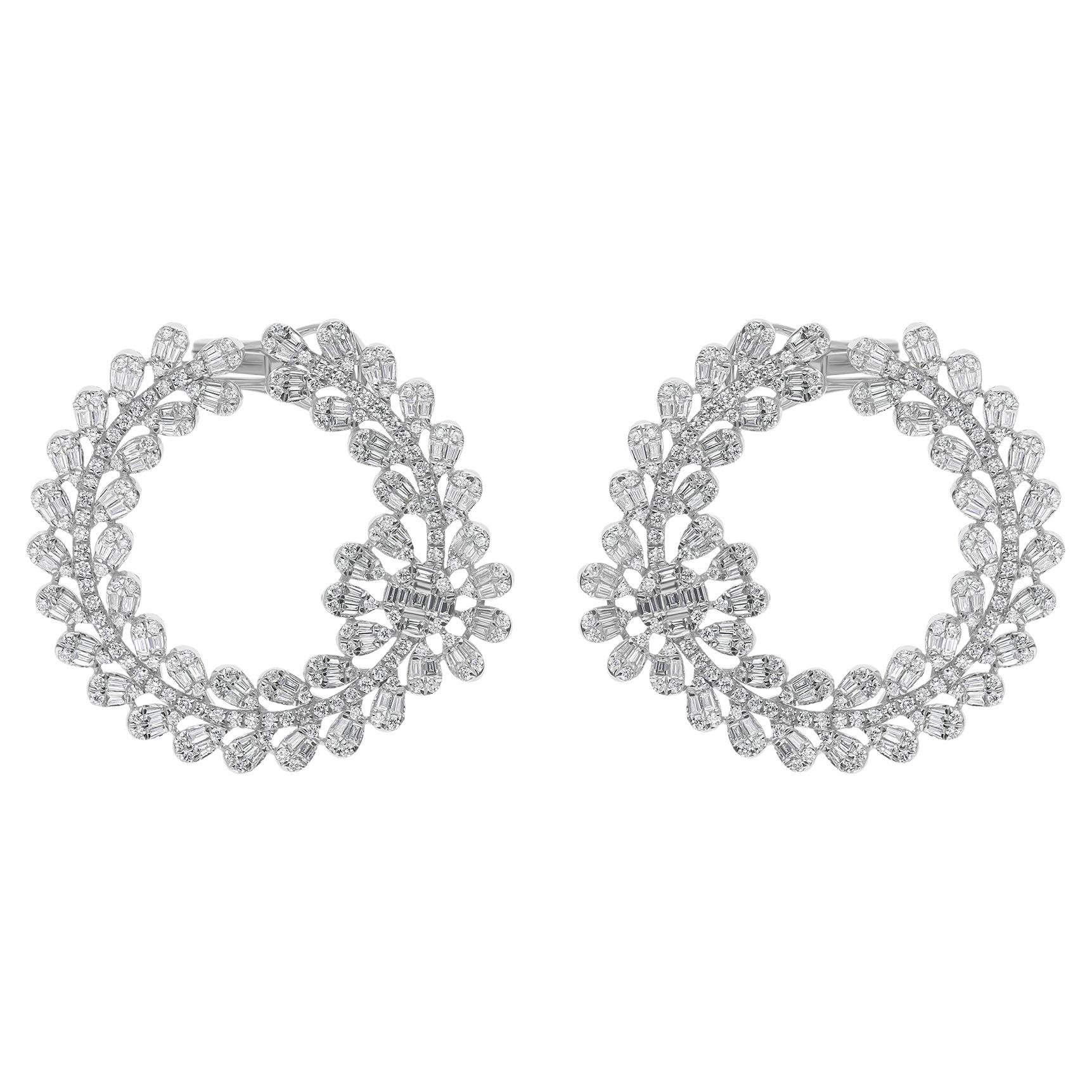 3 Karat SI Reinheit HI Farbe Baguette Runde Diamant Ohrringe 14 Karat Weißgold (Rundschliff) im Angebot