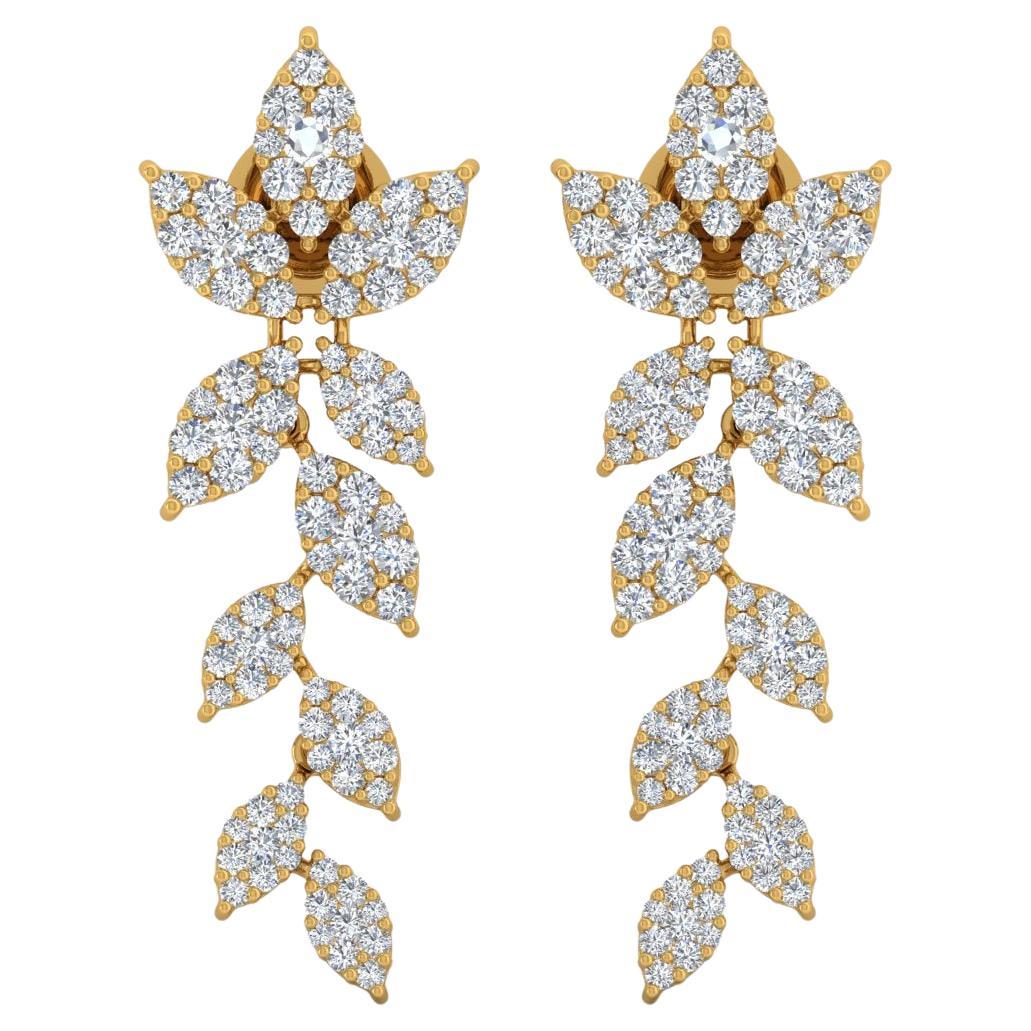 3 Carat SI Clarity HI Color Diamond Pave Leaf Earrings 18 Karat Yellow Gold For Sale