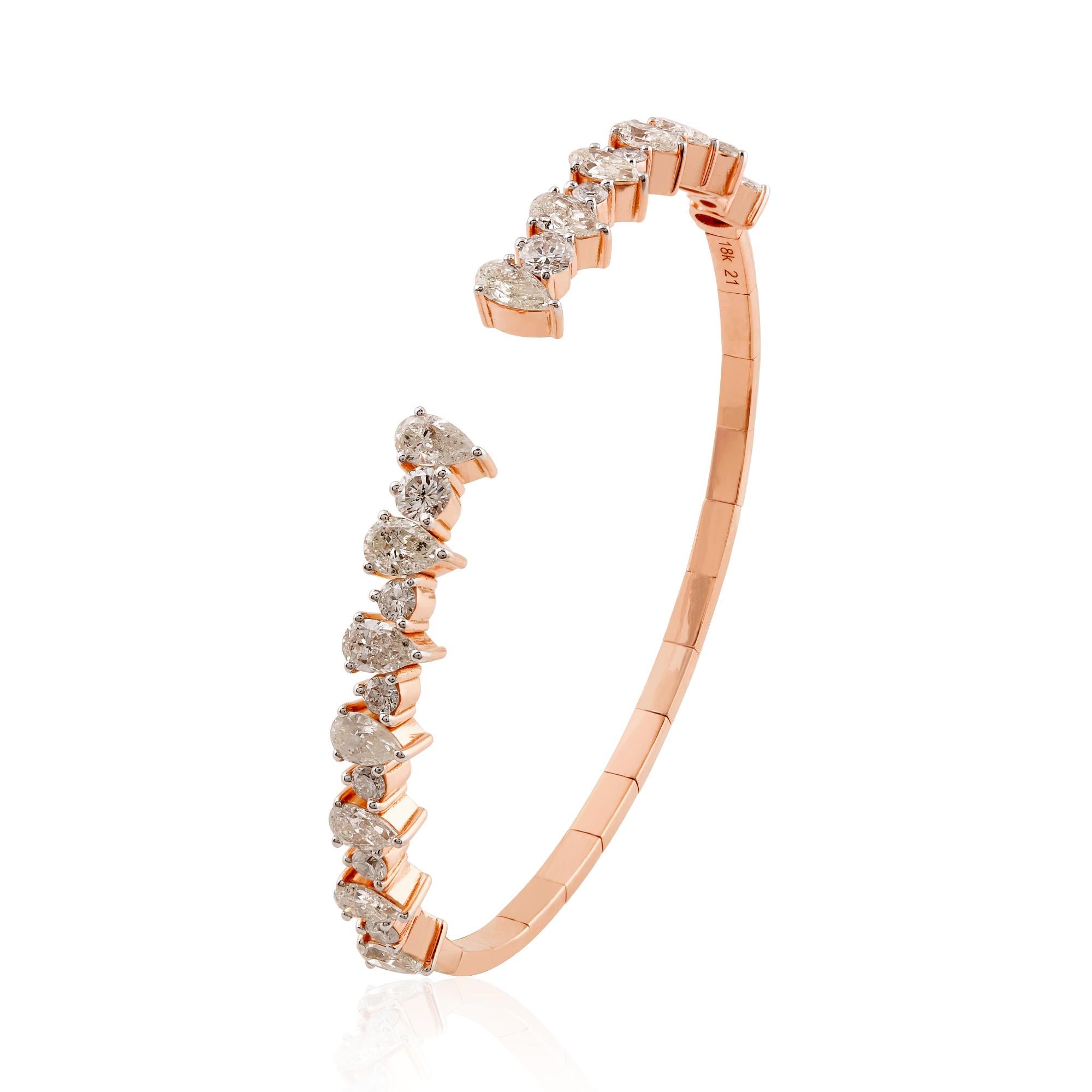 Modern 3 Carat SI Clarity HI Color Pear Diamond Cuff Bangle Bracelet 14 Karat Rose Gold For Sale