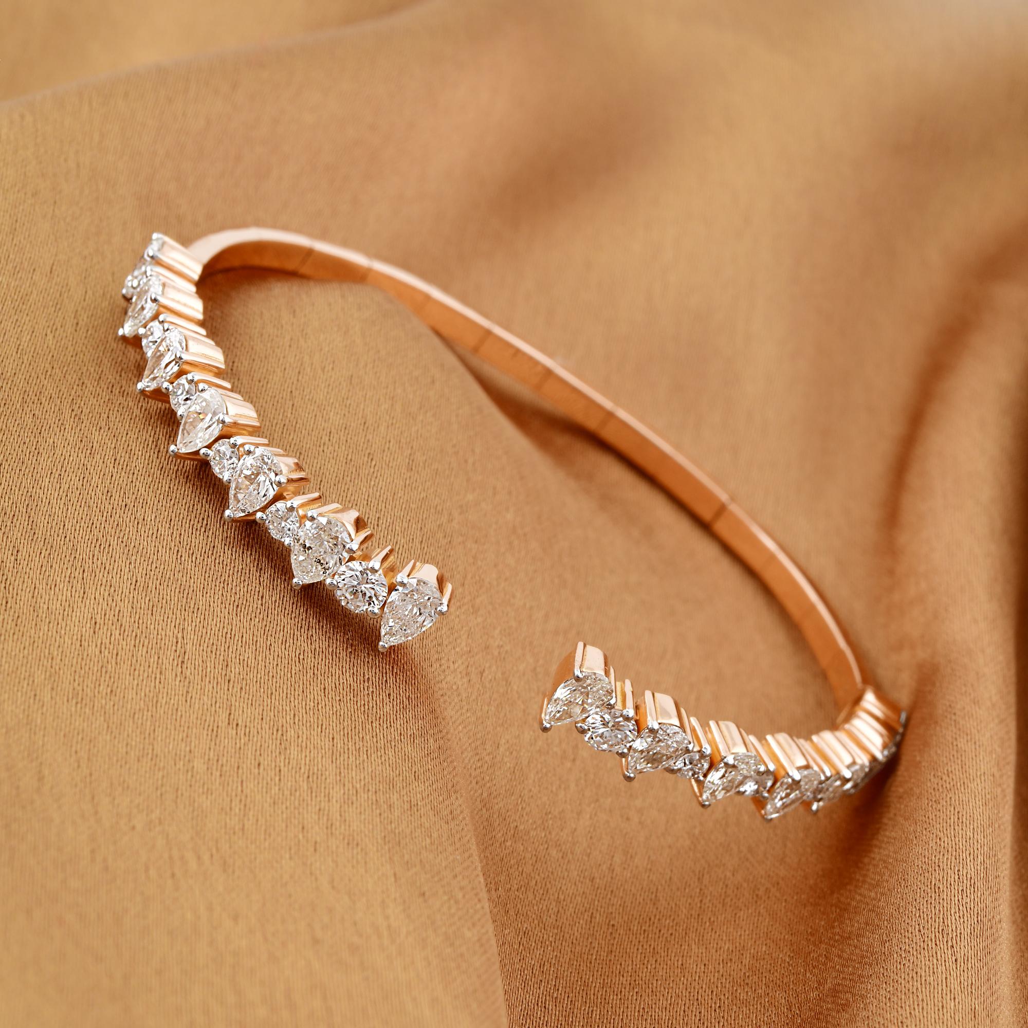 Women's 3 Carat SI Clarity HI Color Pear Diamond Cuff Bangle Bracelet 14 Karat Rose Gold For Sale