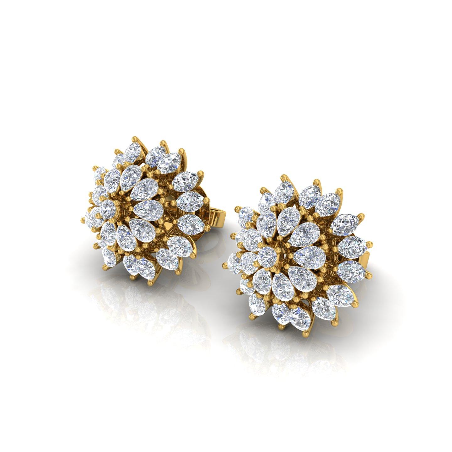 Modern 3 Carat SI Clarity HI Color Pear Diamond Starburst Stud Earrings 18k Yellow Gold For Sale
