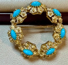 3 Carat Sleeping Beauty Turquoise Circular Pin in 18 Kt Yellow Gold , Estate