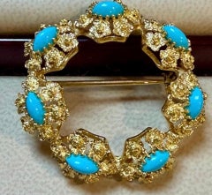 3 Carat Sleeping Beauty Turquoise Circular Pin in 18 Kt Yellow Gold , Estate