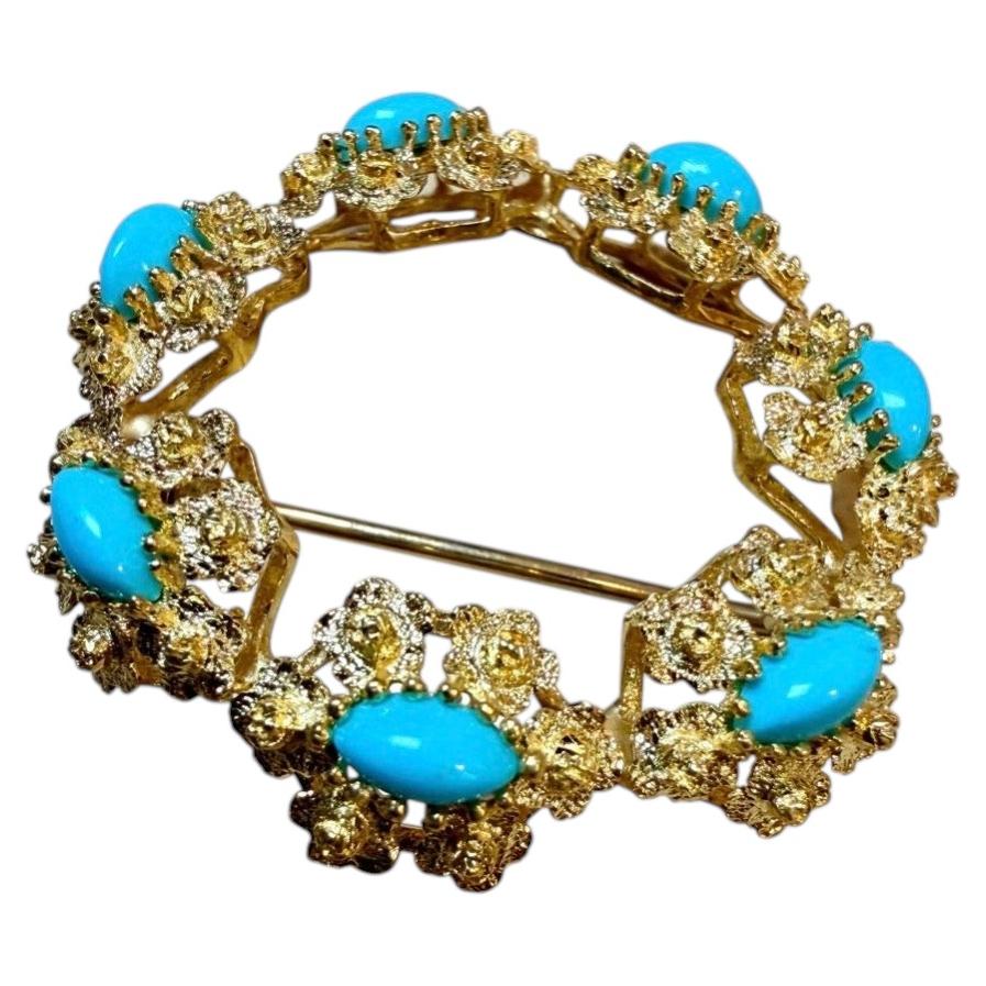 Estate 3 Carat Sleeping Beauty Turquoise Circular Pin in 18K Gold For Sale