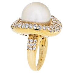 3 Carat South Sea Freshwater Pearl and Diamond 18K Yellow Gold Cocktail Ring
