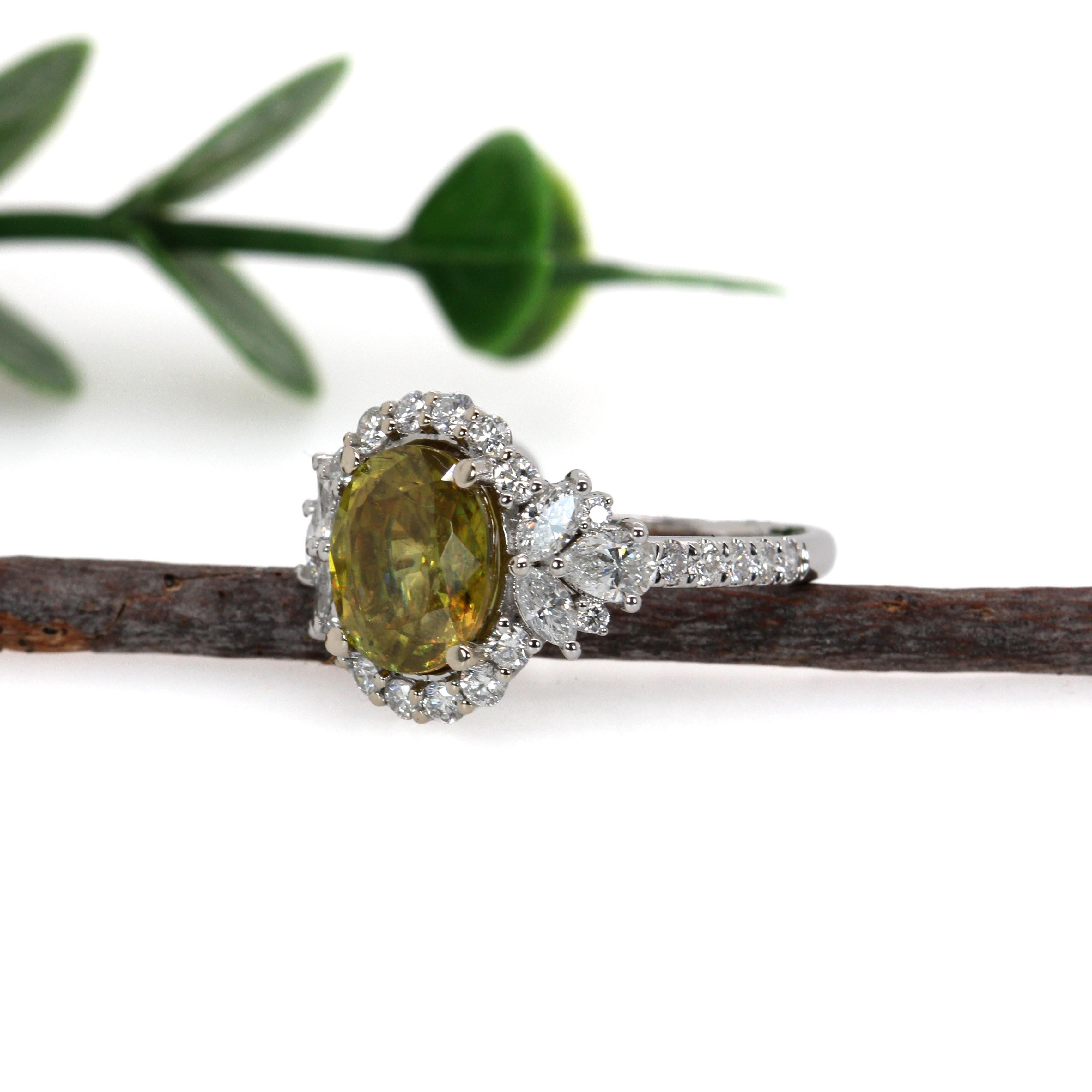 Oval Cut 3 Carat Sphene Ring with Natural Diamonds in Solid 14K White Gold  OV 10x8mm For Sale