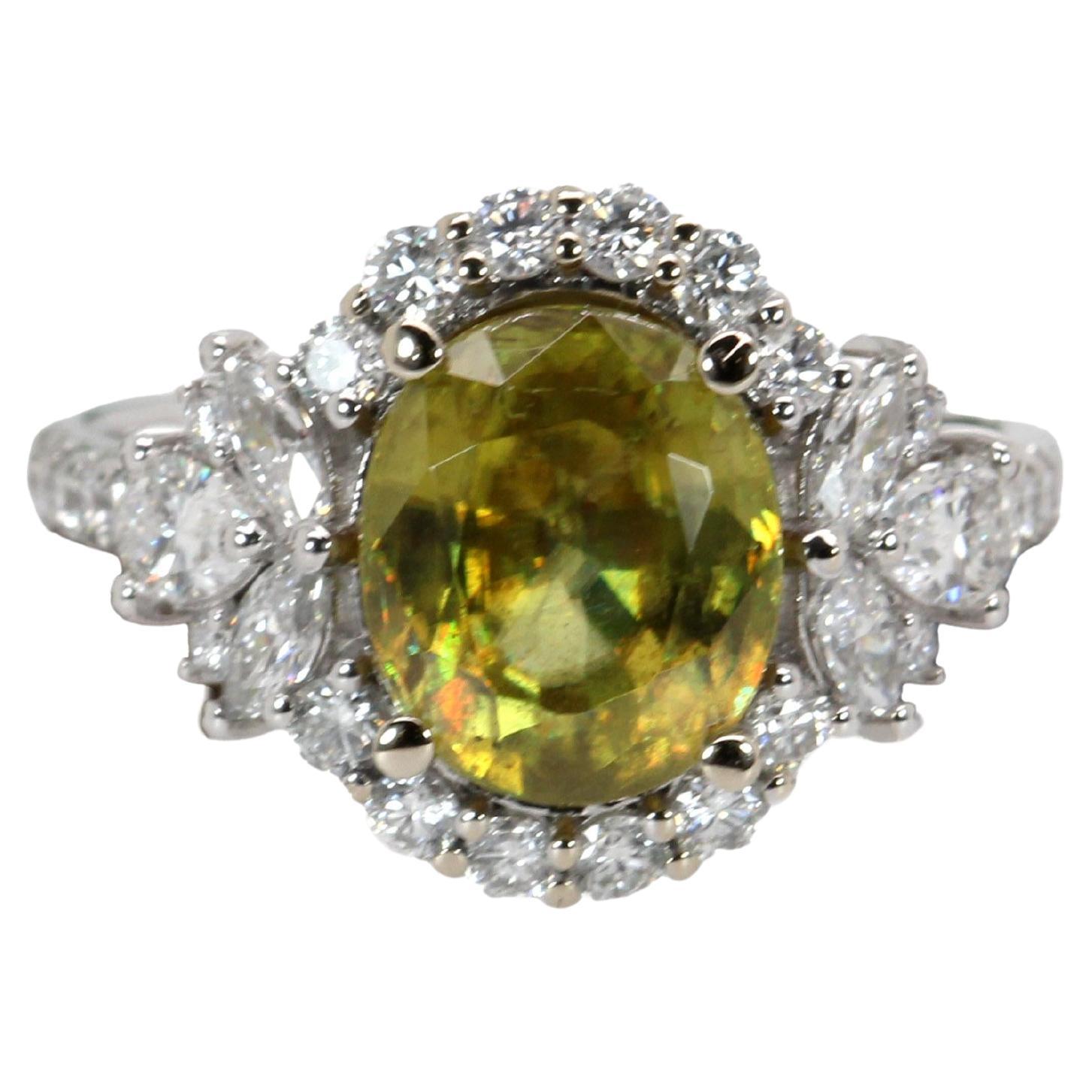 3 Carat Sphene Ring with Natural Diamonds in Solid 14K White Gold  OV 10x8mm