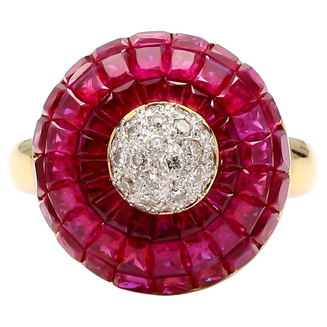 3 Carat Square Ruby and Diamond 18K Gold Button Cocktail Ring