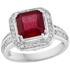 3 Carat Square Treated Ruby and Diamond 14 Karat White Gold Ring