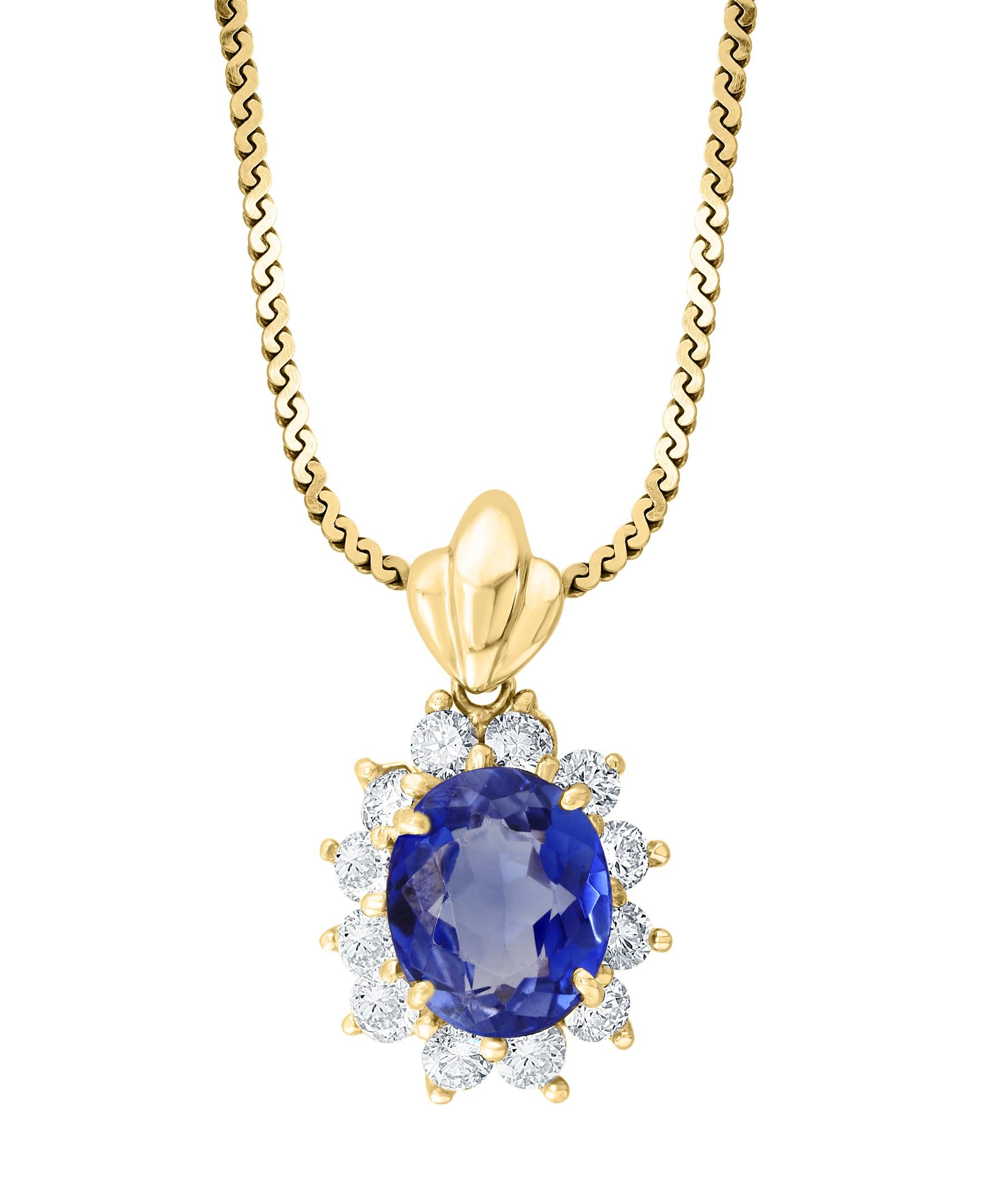 3 Carat Tanzanite and 1 Ct Diamond Pendant or Necklace 14 Karat Yellow Gold For Sale 8