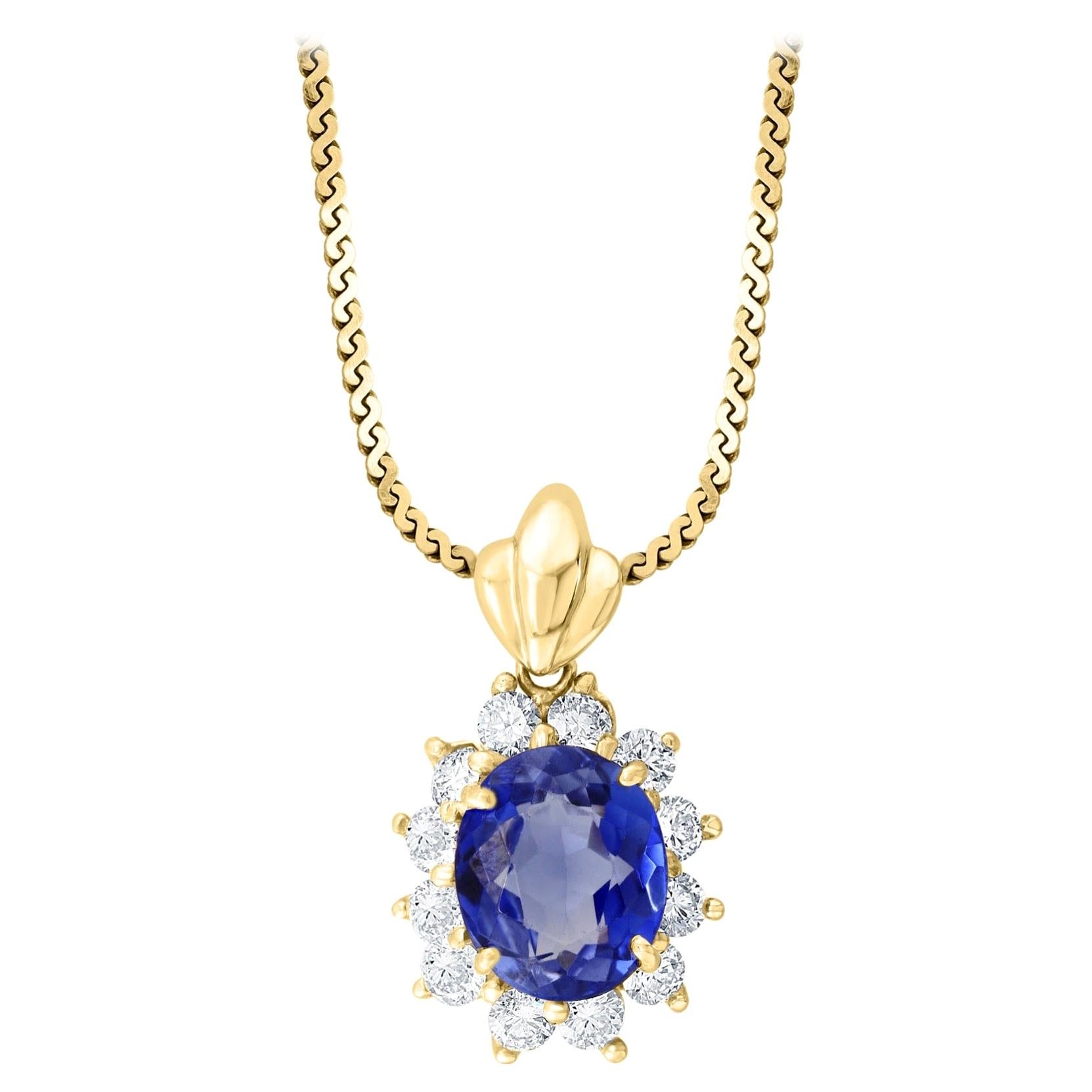 3 Carat Tanzanite and 1 Ct Diamond Pendant or Necklace 14 Karat Yellow Gold For Sale