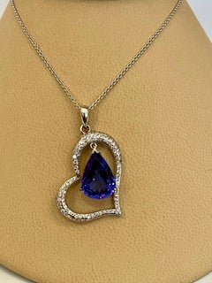 3 Carat Tanzanite and 2 Carat Diamond Heart Pendant/ Necklace 18 Karat Gold