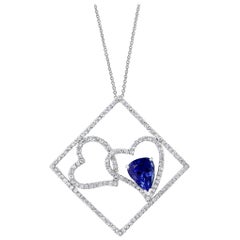 3 Carat Tanzanite and 2 Carat Diamond Two Heart Pendant/ Necklace 18 Karat Gold