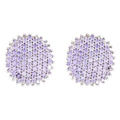 Retro 3 Carat Tanzanite Earrings Estate 14 Karat Gold Clip-On Backings Round Pave Set