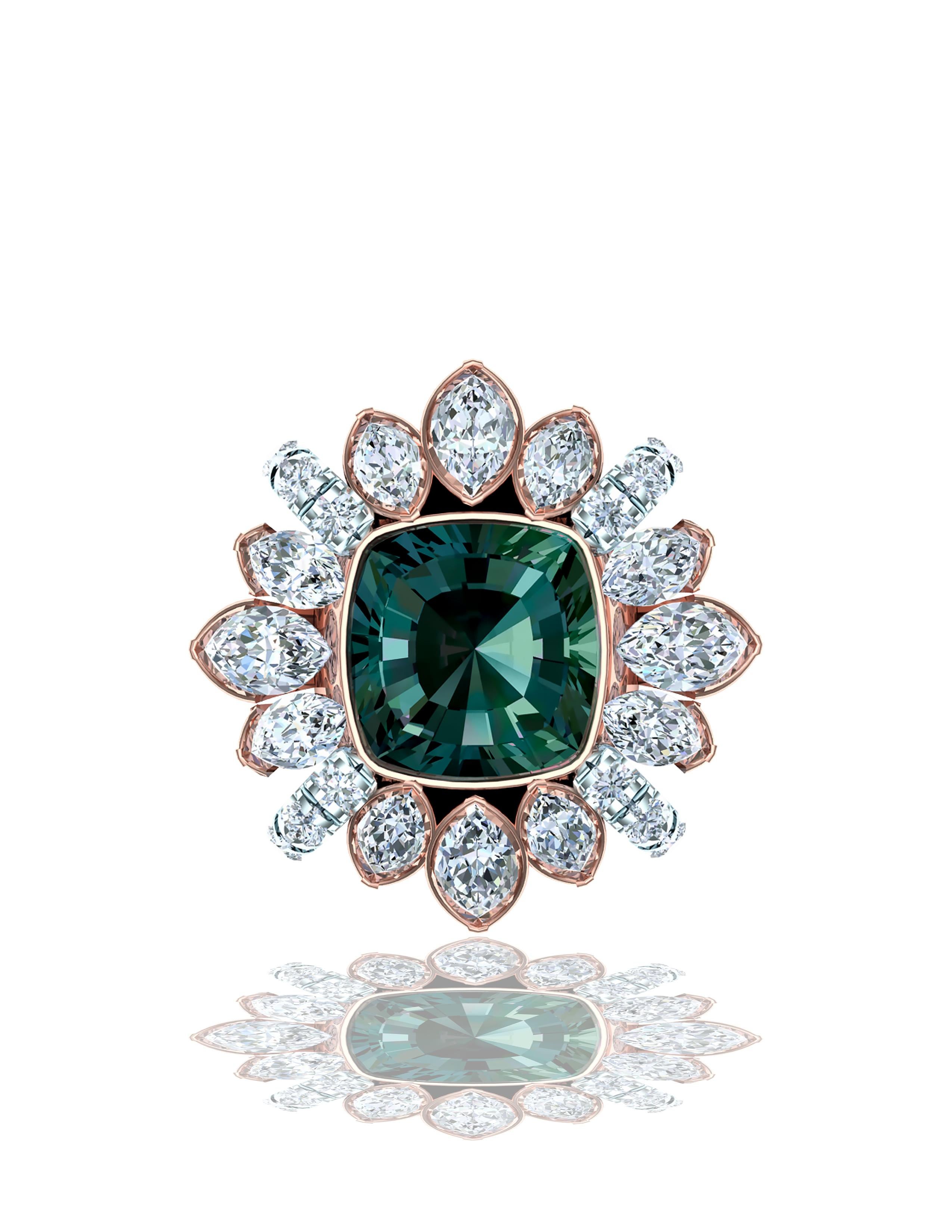 A stunning display of forest green with rose gold and crisp white diamonds describes this beautiful and timeless cocktail ring.  The center of this ring displays a rare and highly valuable cushion cut teal green sapphire.  This stone is just over 3