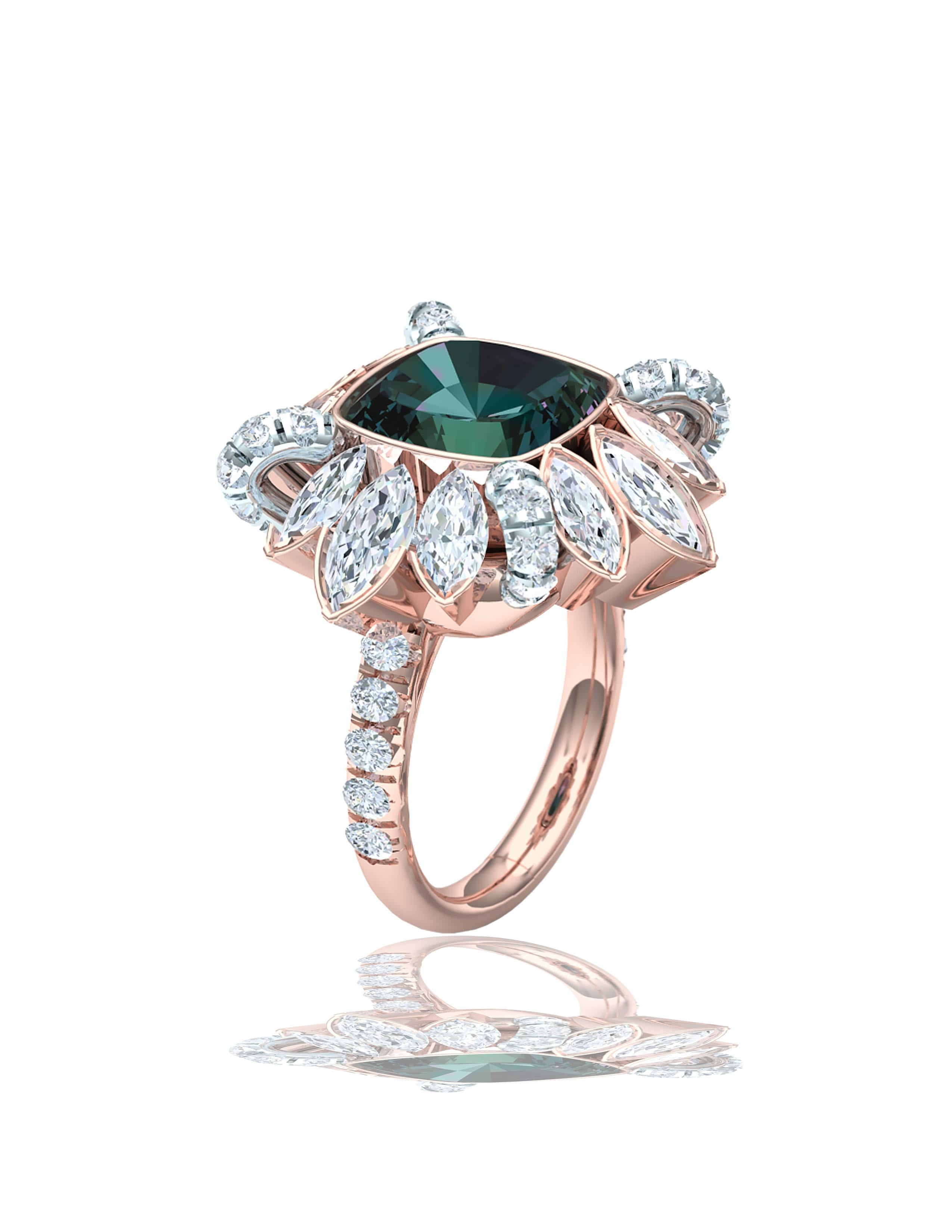 Modern 3 Carat Teal Green Sapphire and Diamond Cocktail Ring For Sale