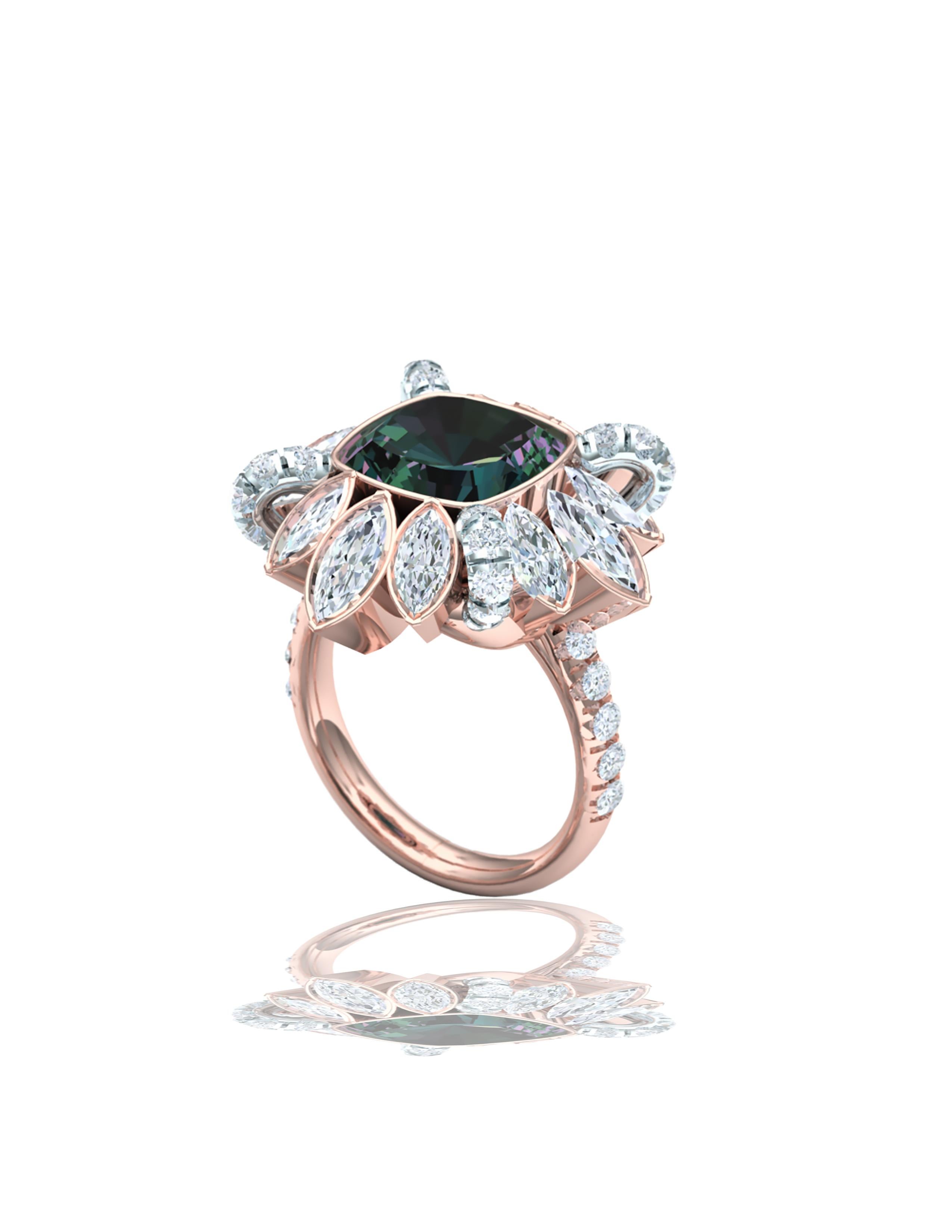 Cushion Cut 3 Carat Teal Green Sapphire and Diamond Cocktail Ring For Sale