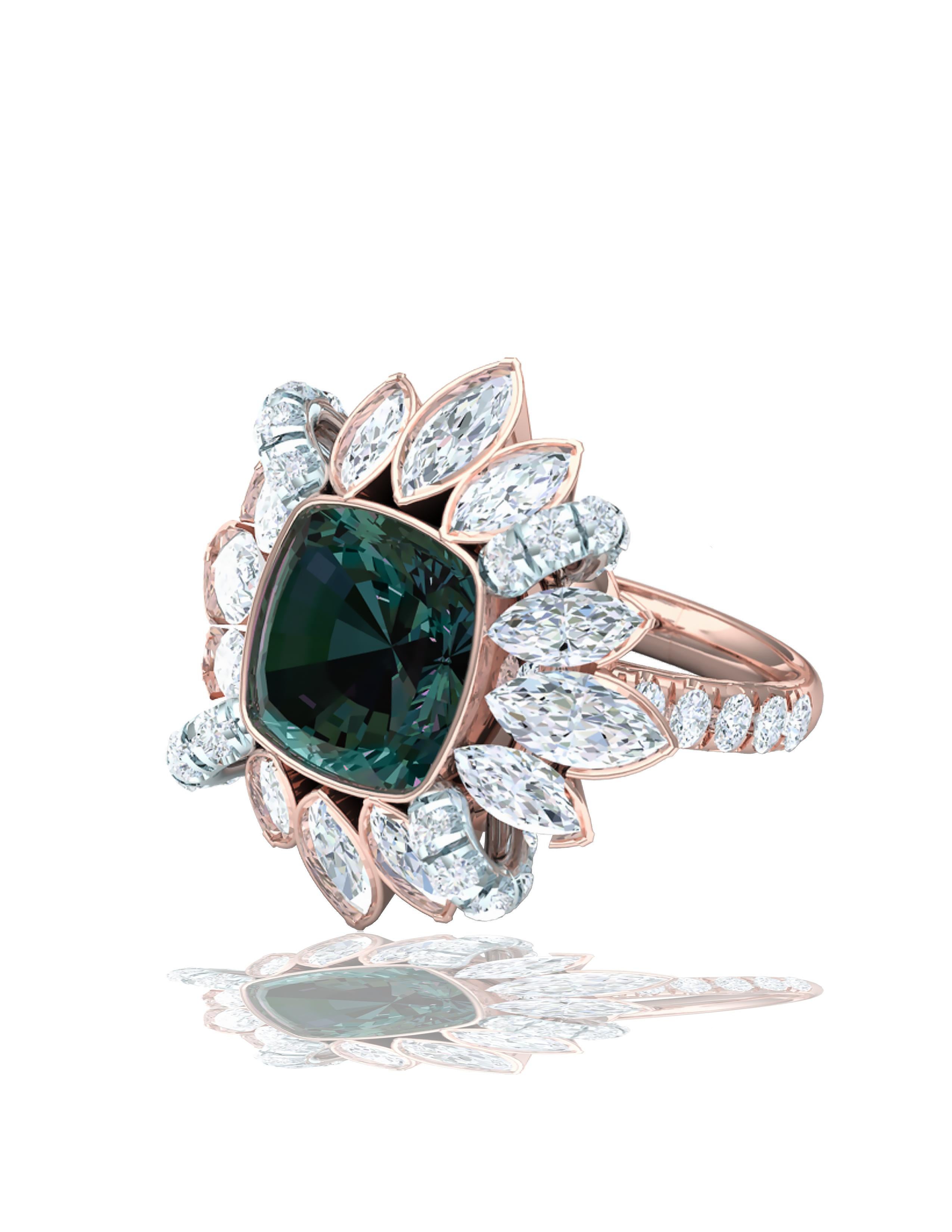 3 Carat Teal Green Sapphire and Diamond Cocktail Ring In New Condition For Sale In Aliso Viejo, CA