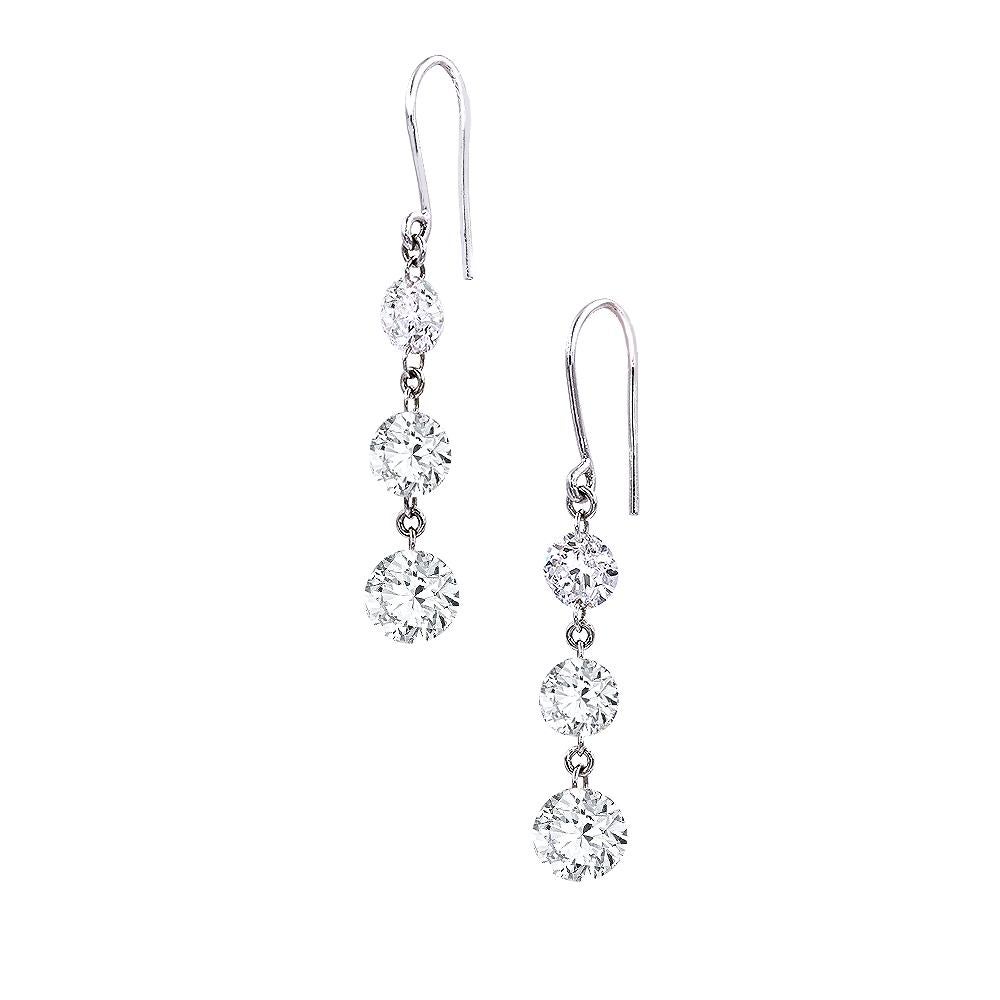 Drop earrings with dazzling diamonds.
14k white gold with loop connections.
Six brilliant cut round diamonds total of 3ct, H/I color SI1/SI2 clarity.