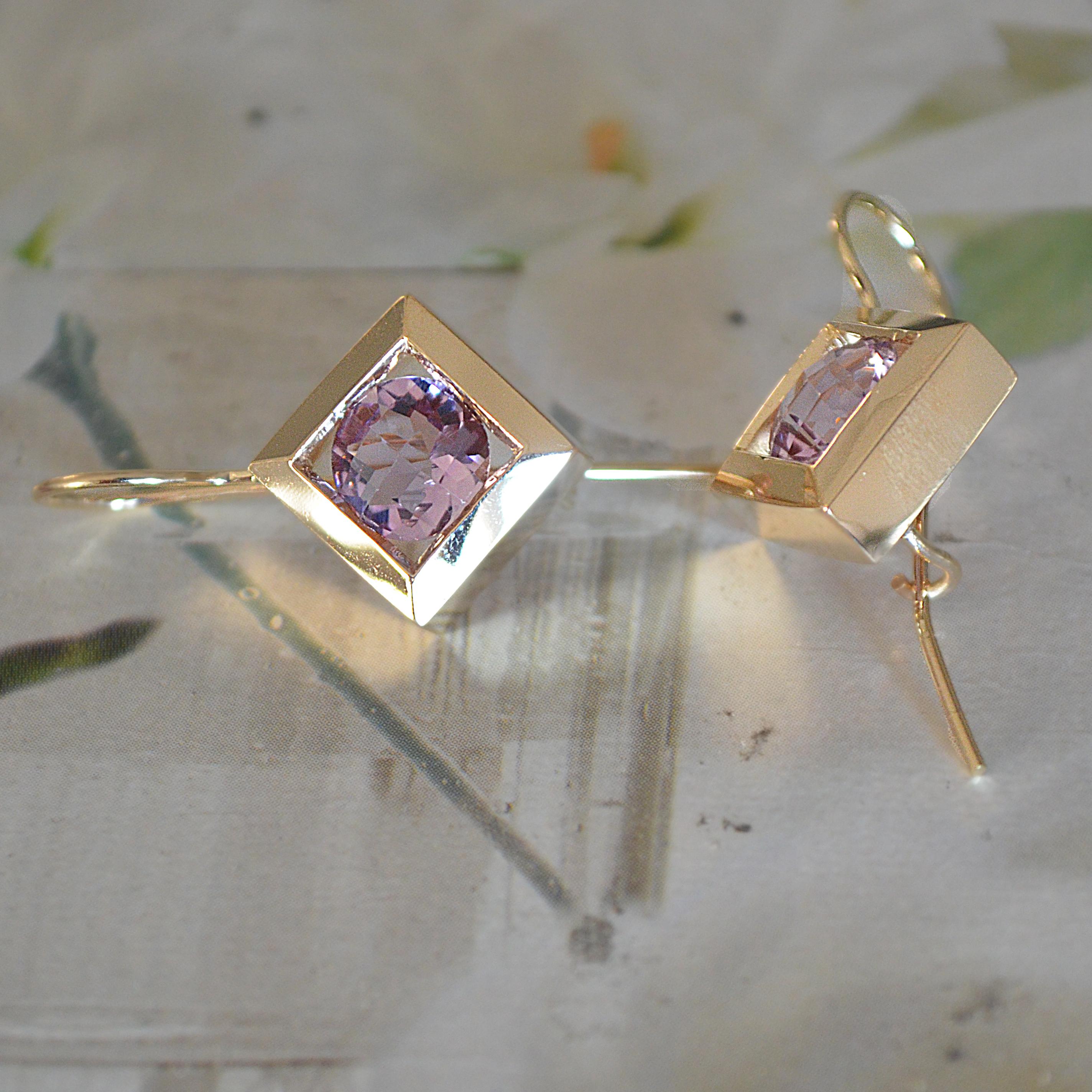 Round Cut 3 Carat TW Approximate Purple Amethyst Gold Ear Rings, Ben Dannie Design For Sale