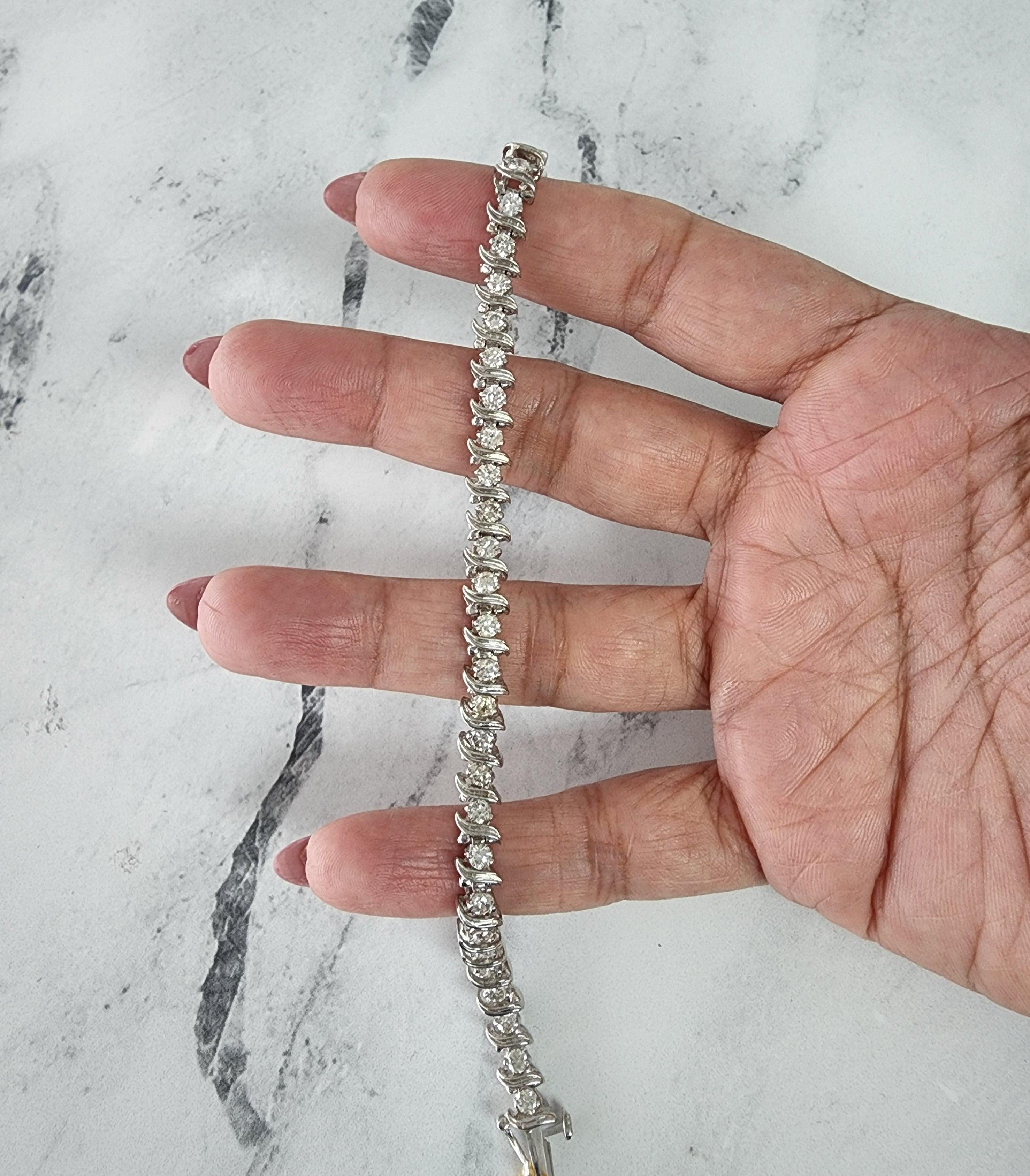 3 Karat Vintage S-Stil Diamant-Tennisarmband 14k Weißgold (Rundschliff) im Angebot