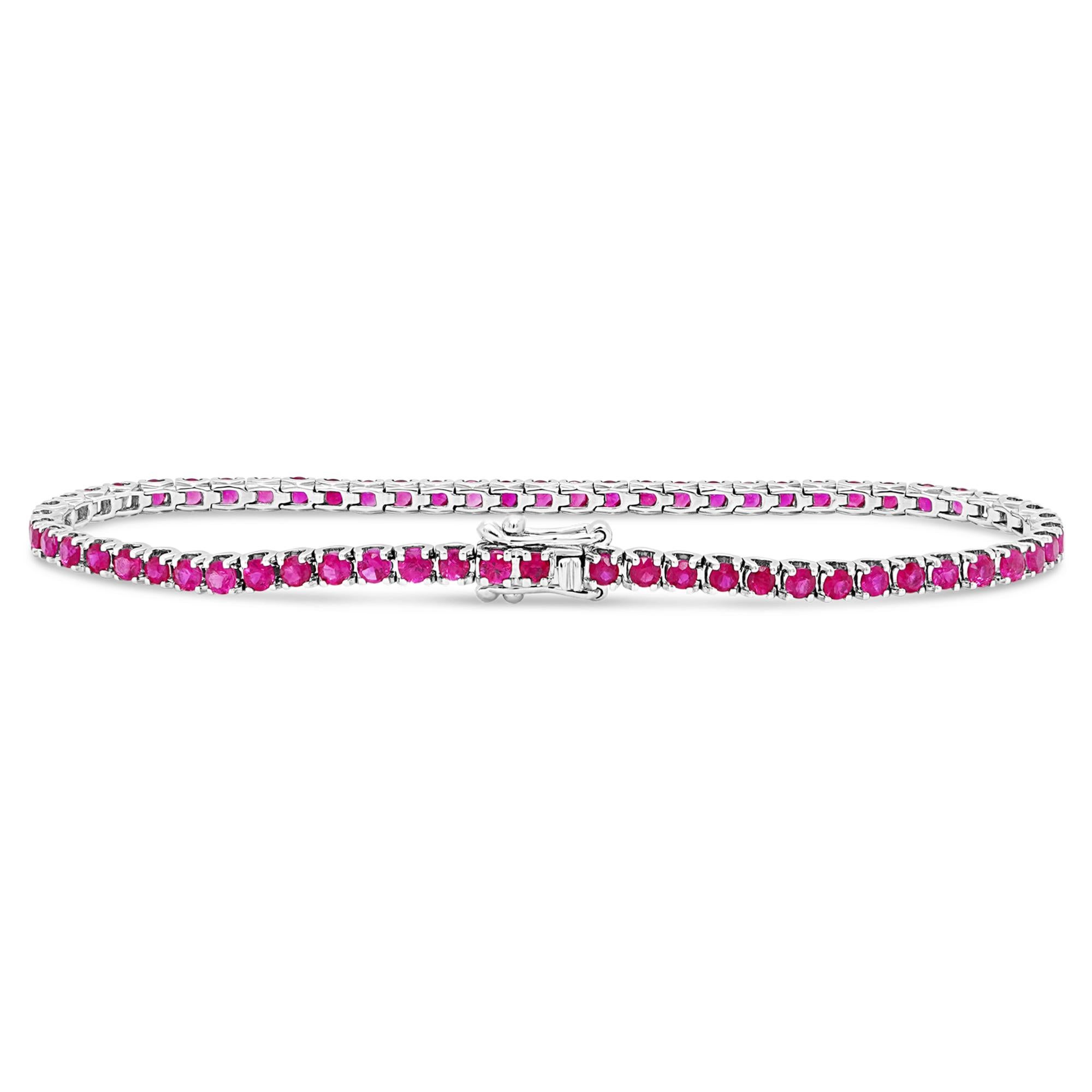 Art Nouveau 3 Carat Vivid Red Pigeon Blood Ruby Classical Tennis Bracelet 18K For Sale
