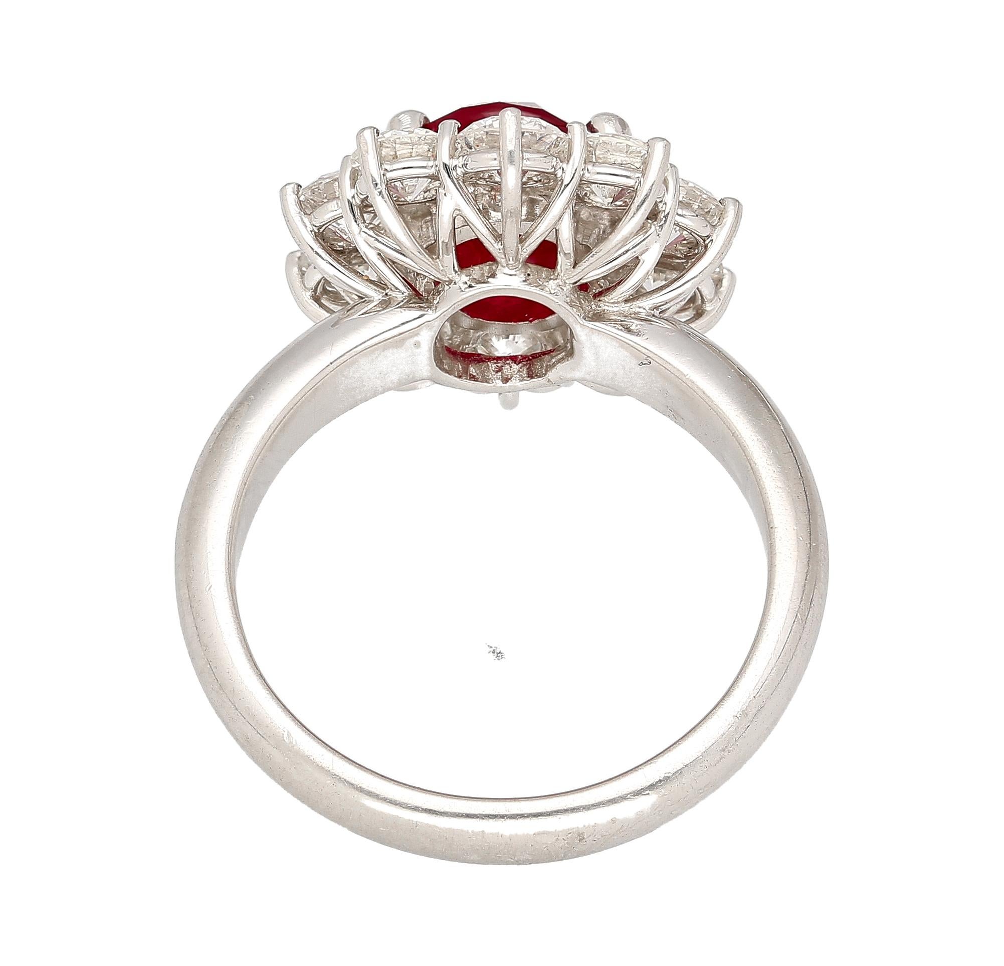 Modern 3 Carat Vivid Red Pigeons Blood Burma Ruby Ring with Diamonds in Platinum & Gold For Sale