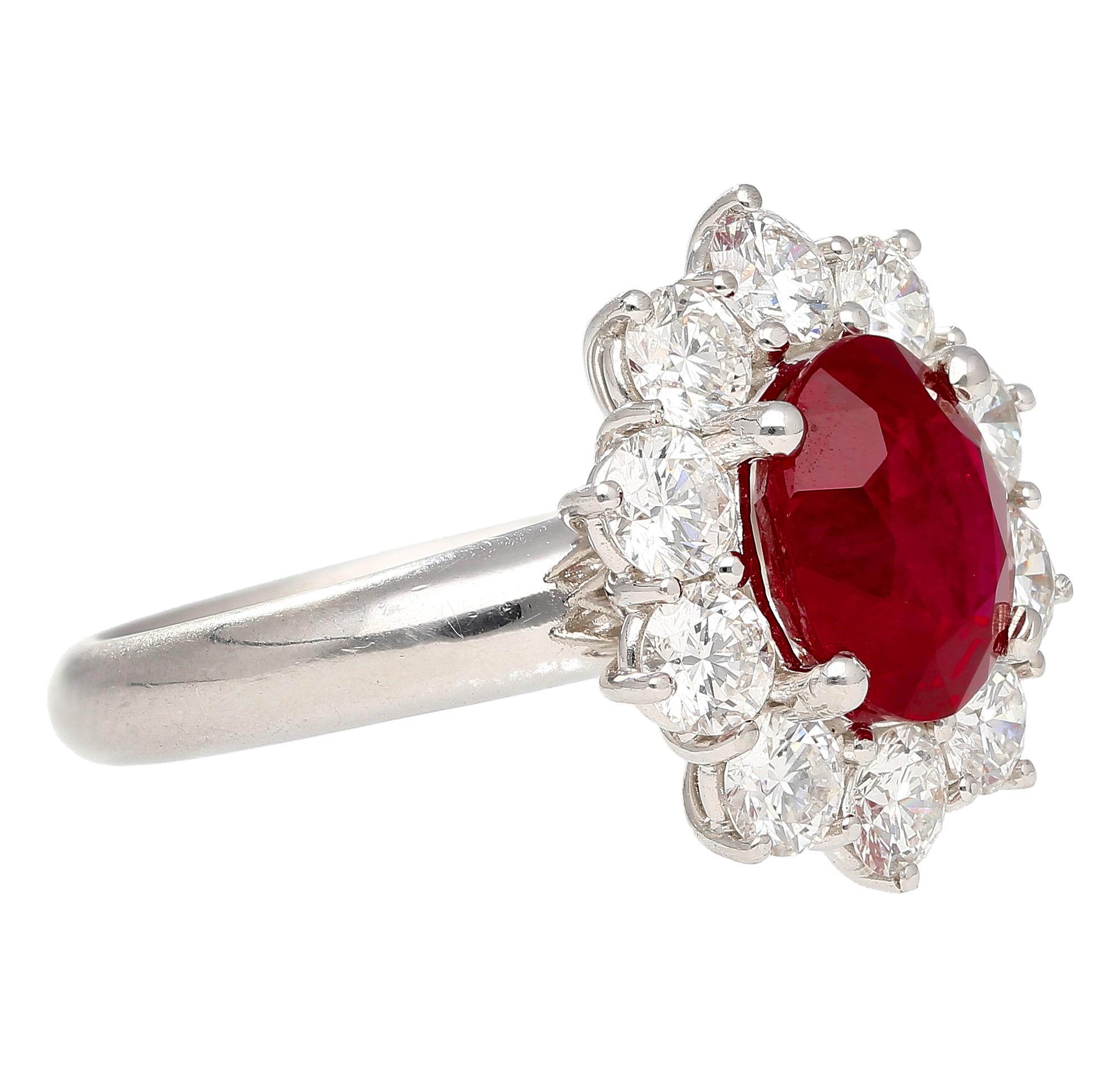 Oval Cut 3 Carat Vivid Red Pigeons Blood Burma Ruby Ring with Diamonds in Platinum & Gold For Sale